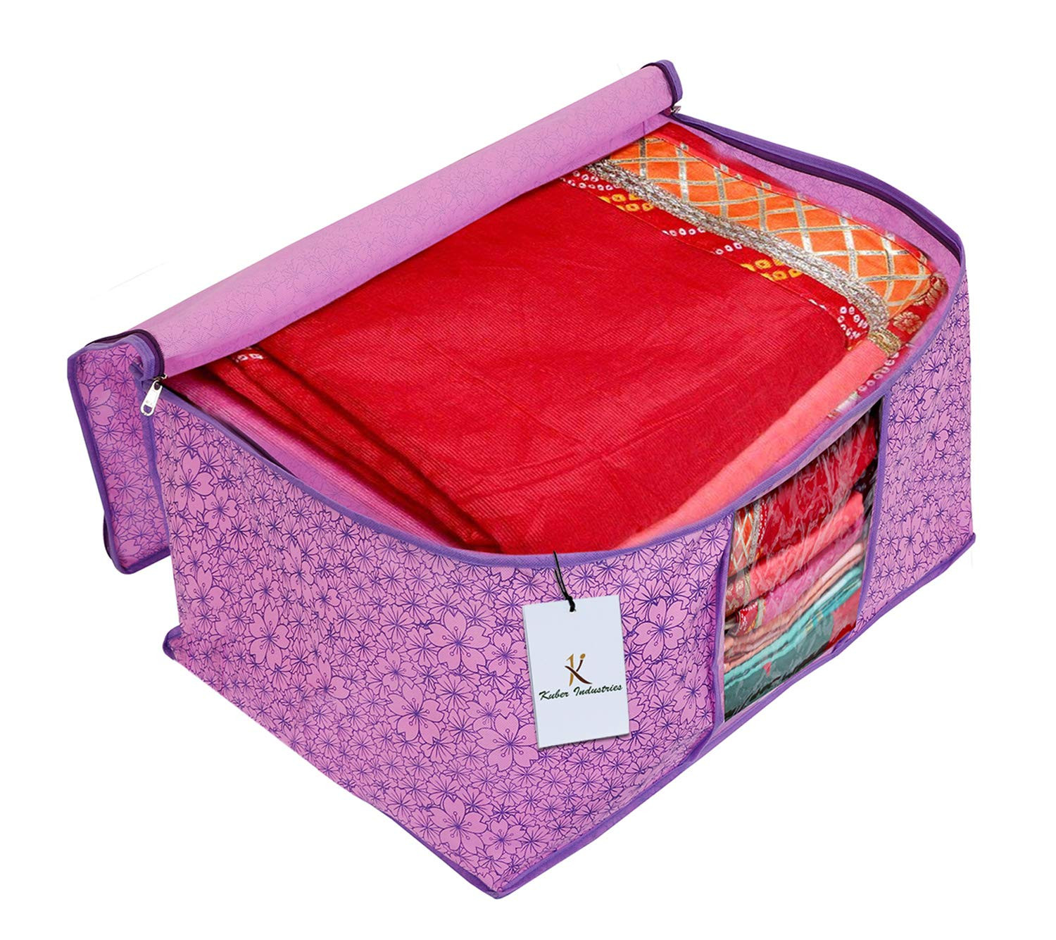 Kuber Industries Metallic Printed Non Woven Saree Cover And Underbed Storage Bag, Cloth Organizer For Storage, Blanket Cover Combo Set (Pink & Purple) -CTKTC38571