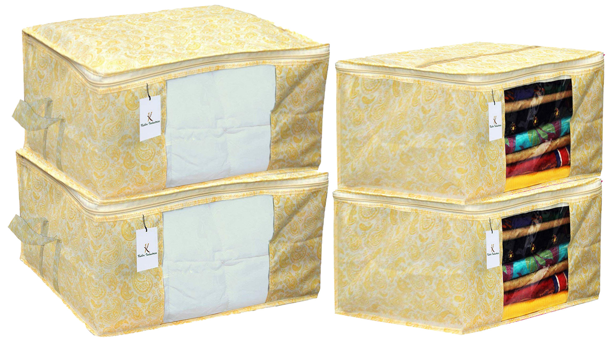 Kuber Industries Metallic Printed Non Woven Saree Cover And Underbed Storage Bag, Cloth Organizer For Storage, Blanket Cover Combo Set (Gold) -CTKTC38583
