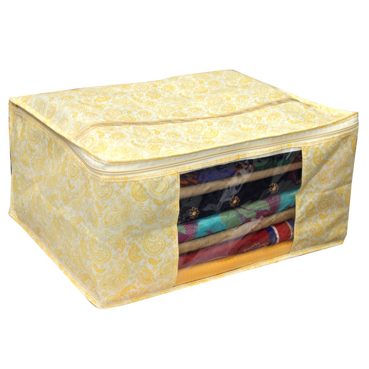 Kuber Industries Metallic Printed Non Woven Saree Cover And Underbed Storage Bag, Cloth Organizer For Storage, Blanket Cover Combo Set (Gold) -CTKTC38583