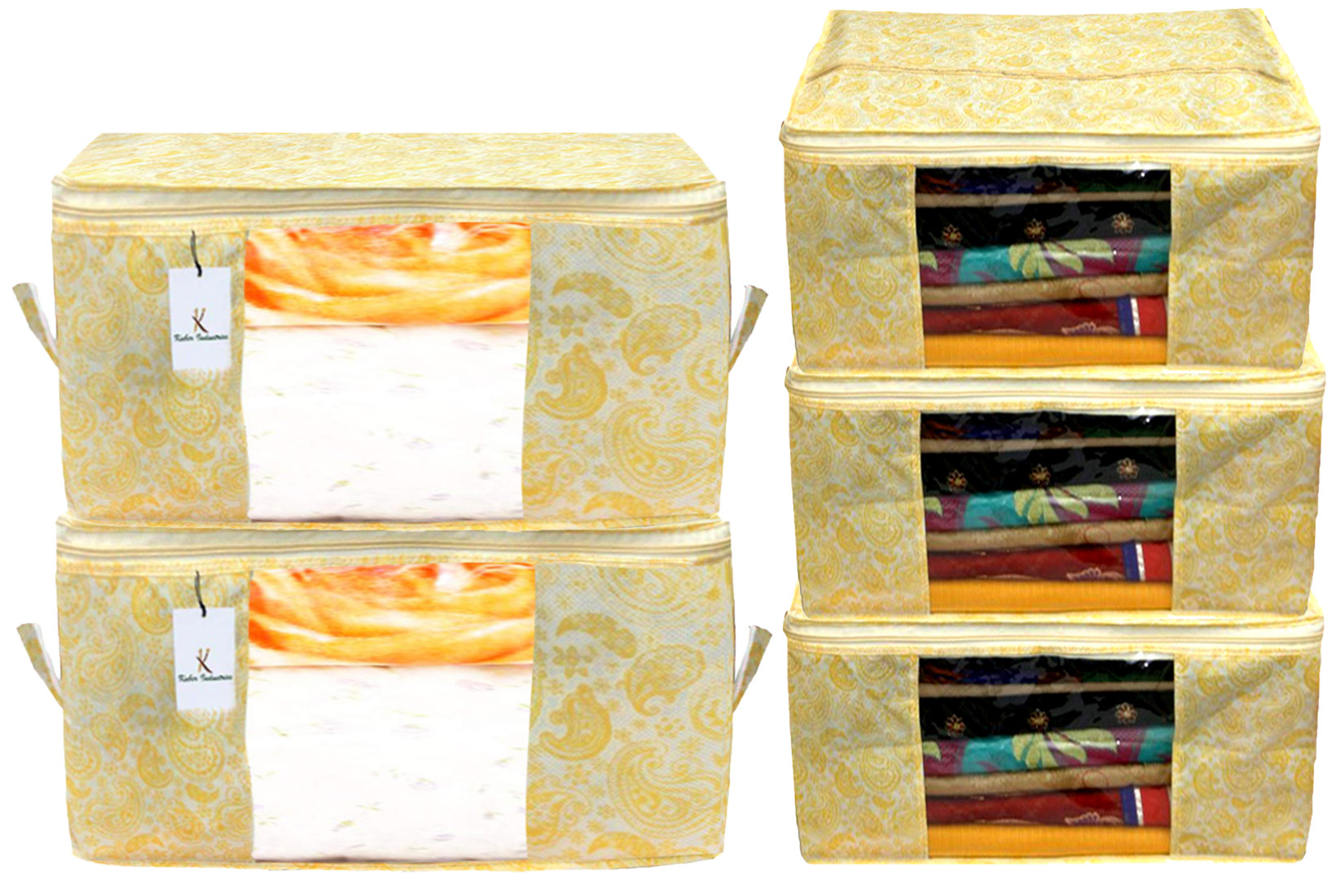 Kuber Industries Metallic Printed Non Woven Saree Cover And Underbed Storage Bag, Cloth Organizer For Storage, Blanket Cover Combo Set (Gold) -CTKTC38583