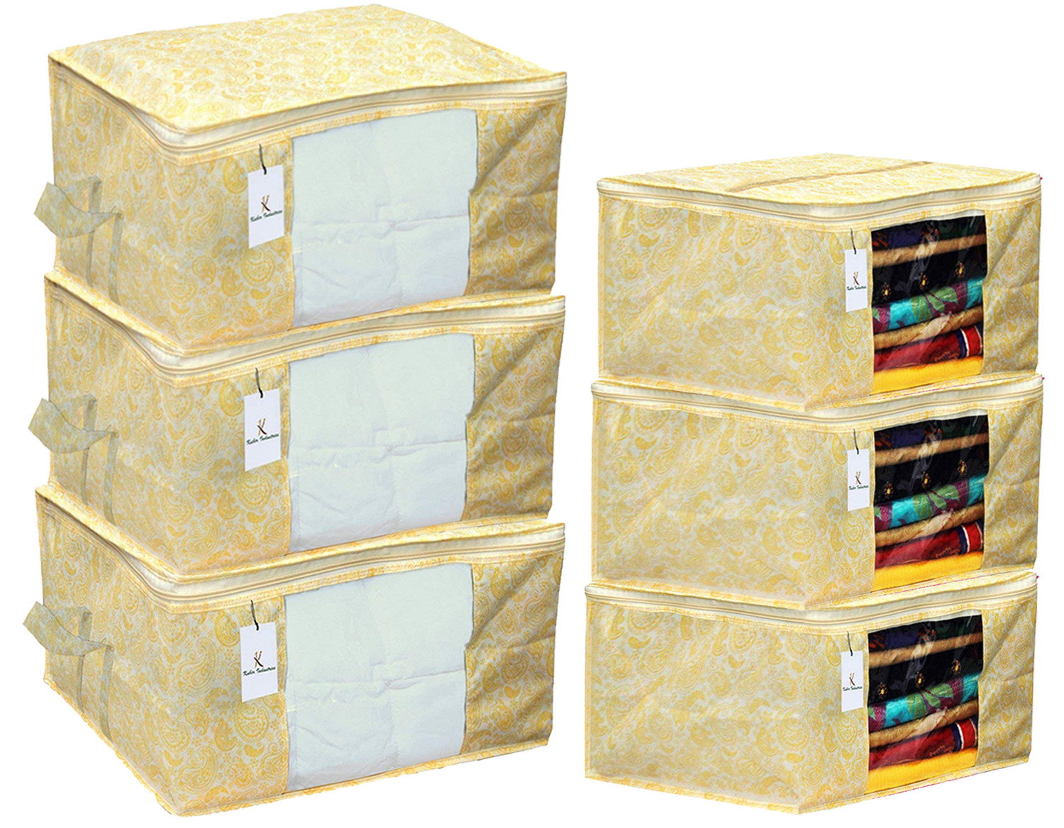 Kuber Industries Metallic Printed Non Woven Saree Cover And Underbed Storage Bag, Cloth Organizer For Storage, Blanket Cover Combo Set (Gold) -CTKTC38583