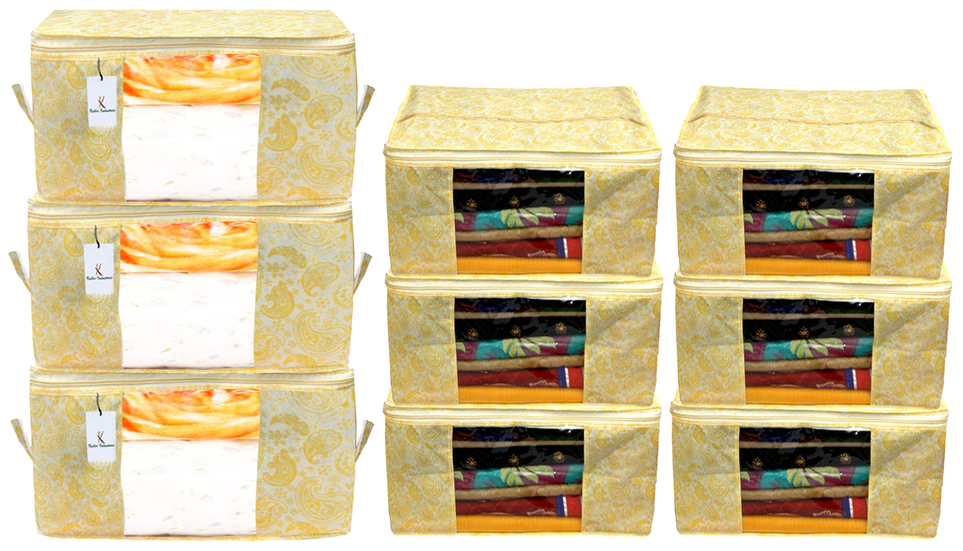 Kuber Industries Metallic Printed Non Woven Saree Cover And Underbed Storage Bag, Cloth Organizer For Storage, Blanket Cover Combo Set (Gold) -CTKTC38583