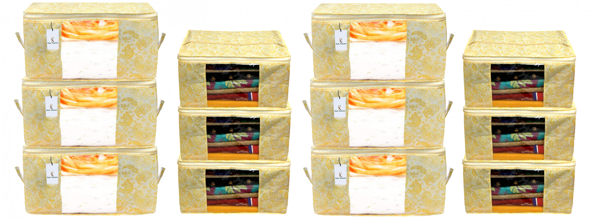Kuber Industries Metallic Printed Non Woven Saree Cover And Underbed Storage Bag, Cloth Organizer For Storage, Blanket Cover Combo Set (Gold) -CTKTC38583