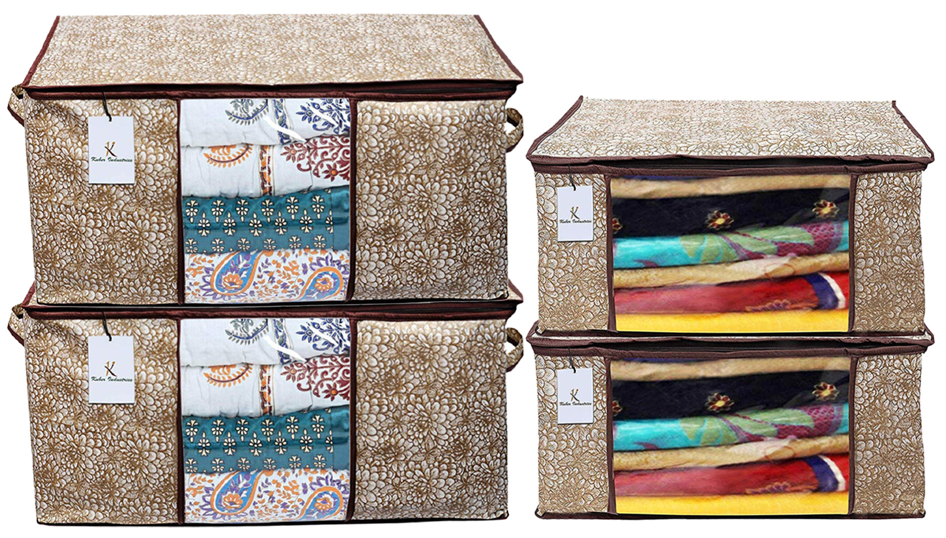 Kuber Industries Metallic Printed Non Woven Saree Cover And Underbed Storage Bag, Cloth Organizer For Storage, Blanket Cover Combo Set (Gold & Brown) -CTKTC38595