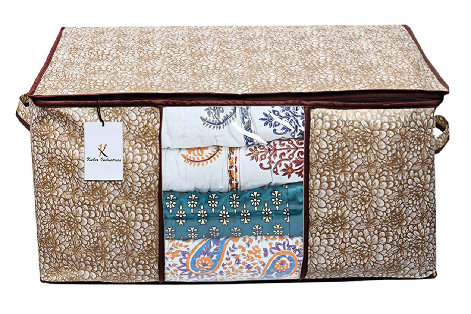 Kuber Industries Metallic Printed Non Woven Saree Cover And Underbed Storage Bag, Cloth Organizer For Storage, Blanket Cover Combo Set (Gold & Brown) -CTKTC38595