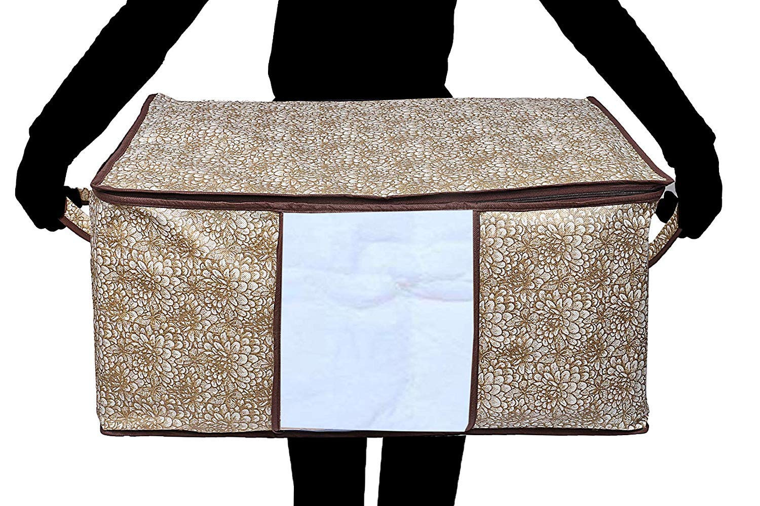 Kuber Industries Metallic Printed Non Woven Saree Cover And Underbed Storage Bag, Cloth Organizer For Storage, Blanket Cover Combo Set (Gold & Brown) -CTKTC38595