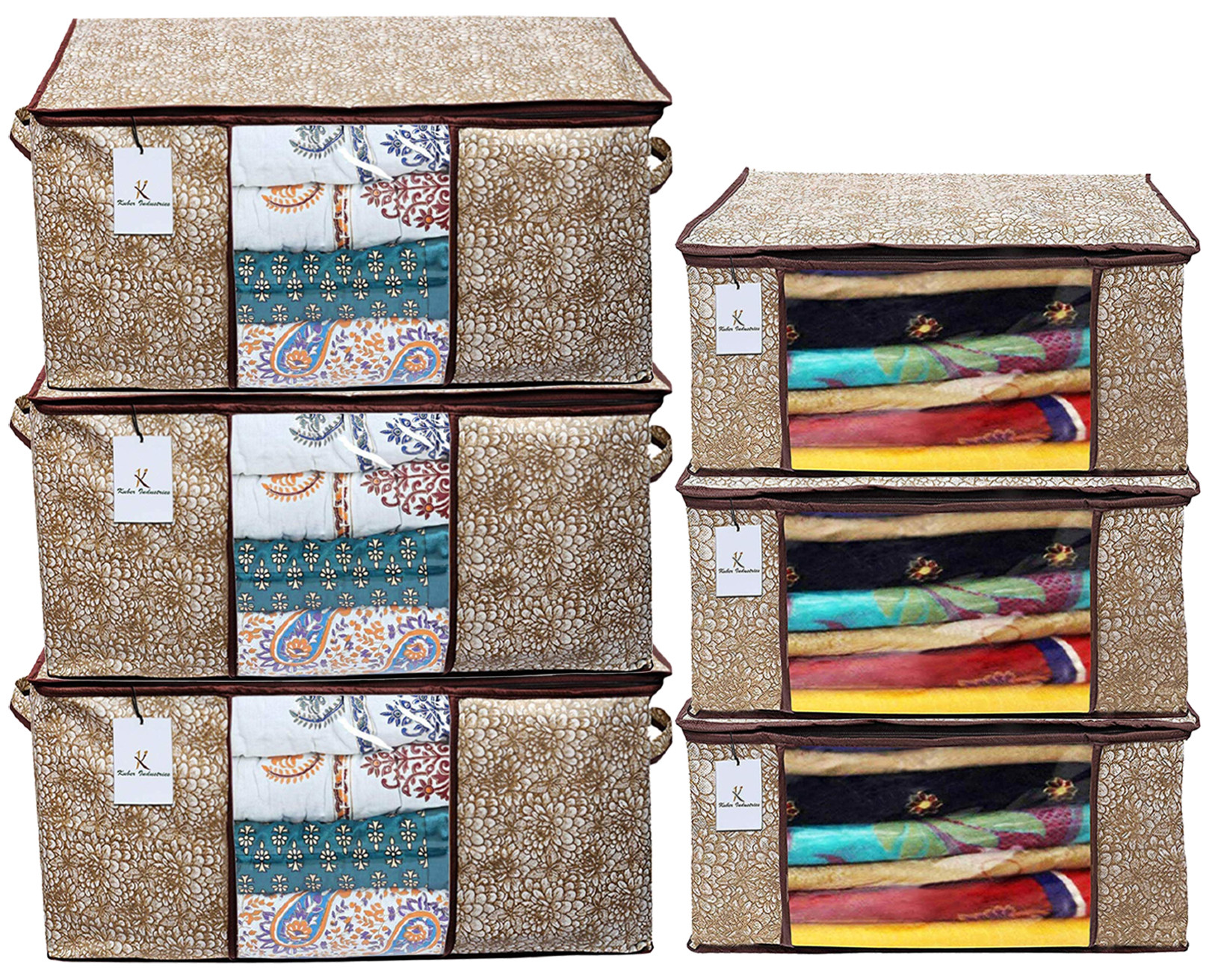 Kuber Industries Metallic Printed Non Woven Saree Cover And Underbed Storage Bag, Cloth Organizer For Storage, Blanket Cover Combo Set (Gold & Brown) -CTKTC38595
