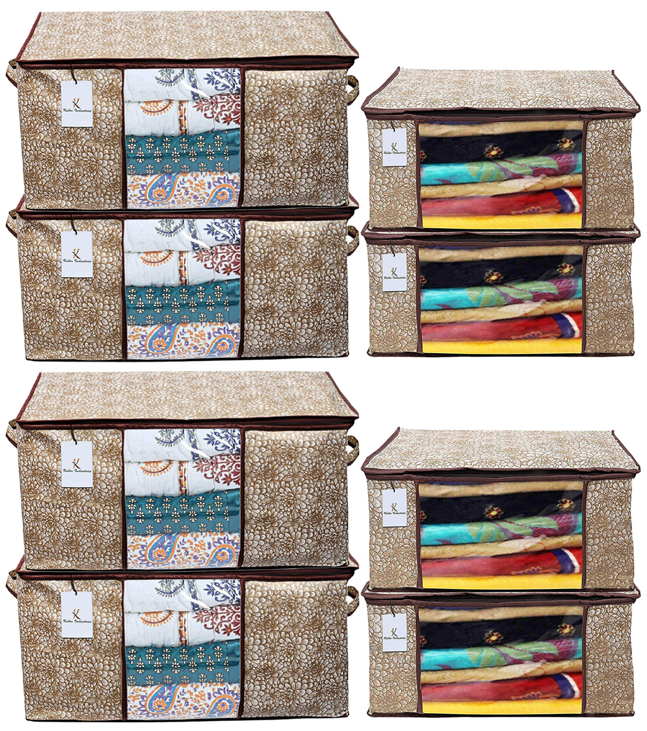 Kuber Industries Metallic Printed Non Woven Saree Cover And Underbed Storage Bag, Cloth Organizer For Storage, Blanket Cover Combo Set (Gold & Brown) -CTKTC38595