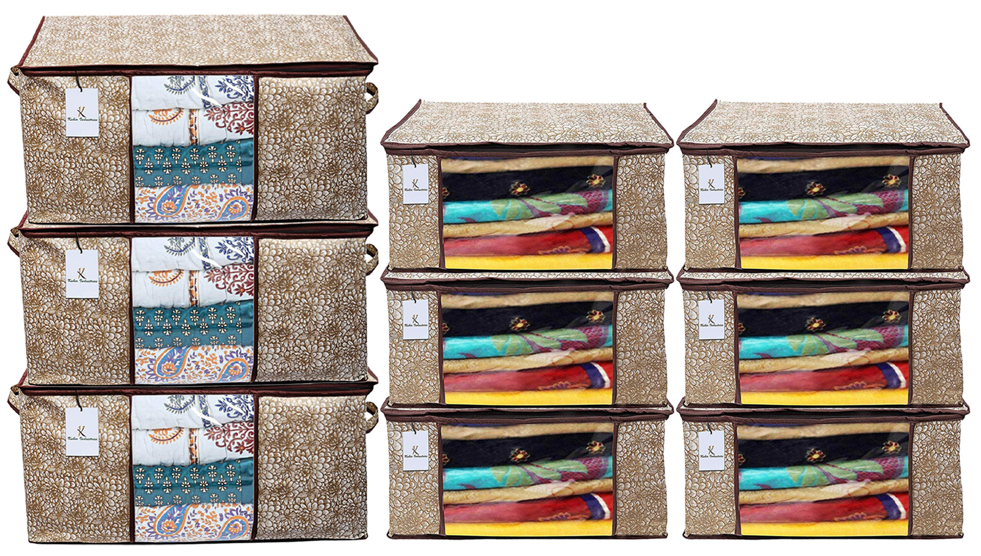 Kuber Industries Metallic Printed Non Woven Saree Cover And Underbed Storage Bag, Cloth Organizer For Storage, Blanket Cover Combo Set (Gold & Brown) -CTKTC38595