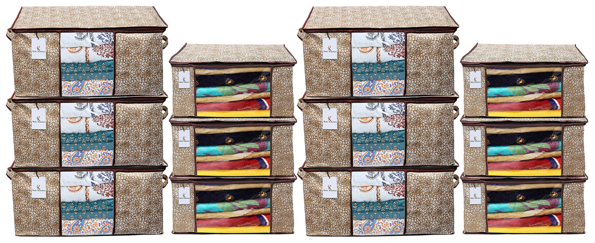 Kuber Industries Metallic Printed Non Woven Saree Cover And Underbed Storage Bag, Cloth Organizer For Storage, Blanket Cover Combo Set (Gold & Brown) -CTKTC38595