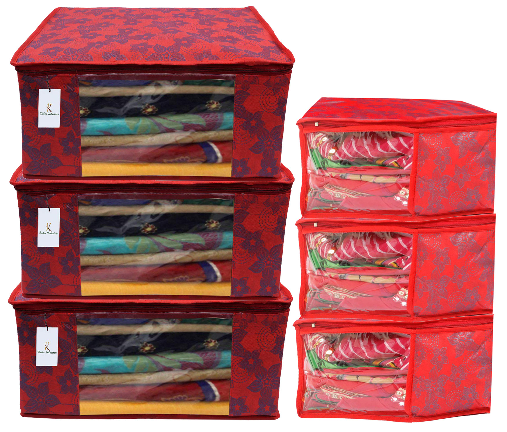 Kuber Industries Metallic Printed Non Woven Saree Cover/Cloth Wardrobe Organizer And Blouse Cover Combo Set (Red) -CTKTC38409