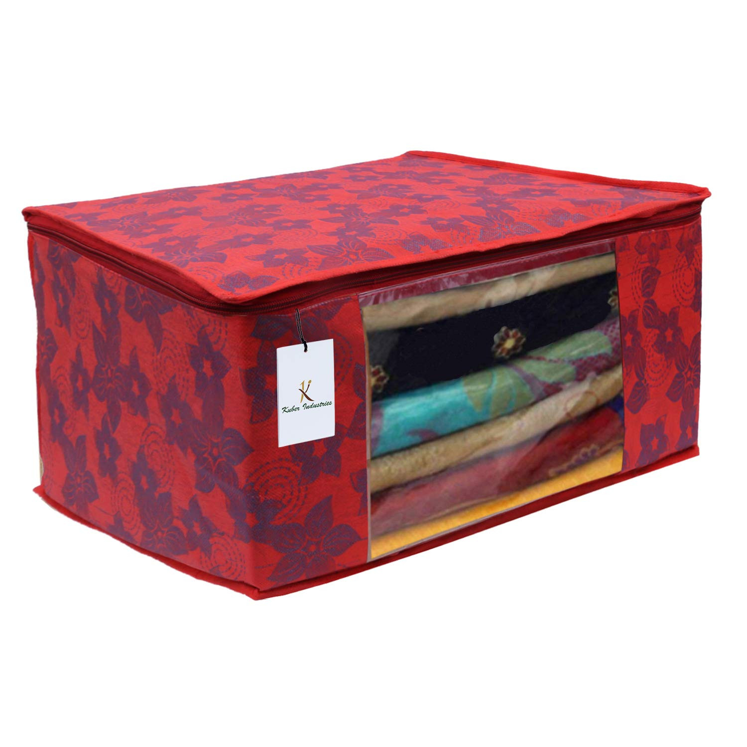 Kuber Industries Metallic Printed Non Woven Saree Cover/Cloth Wardrobe Organizer And Blouse Cover Combo Set (Red) -CTKTC38409