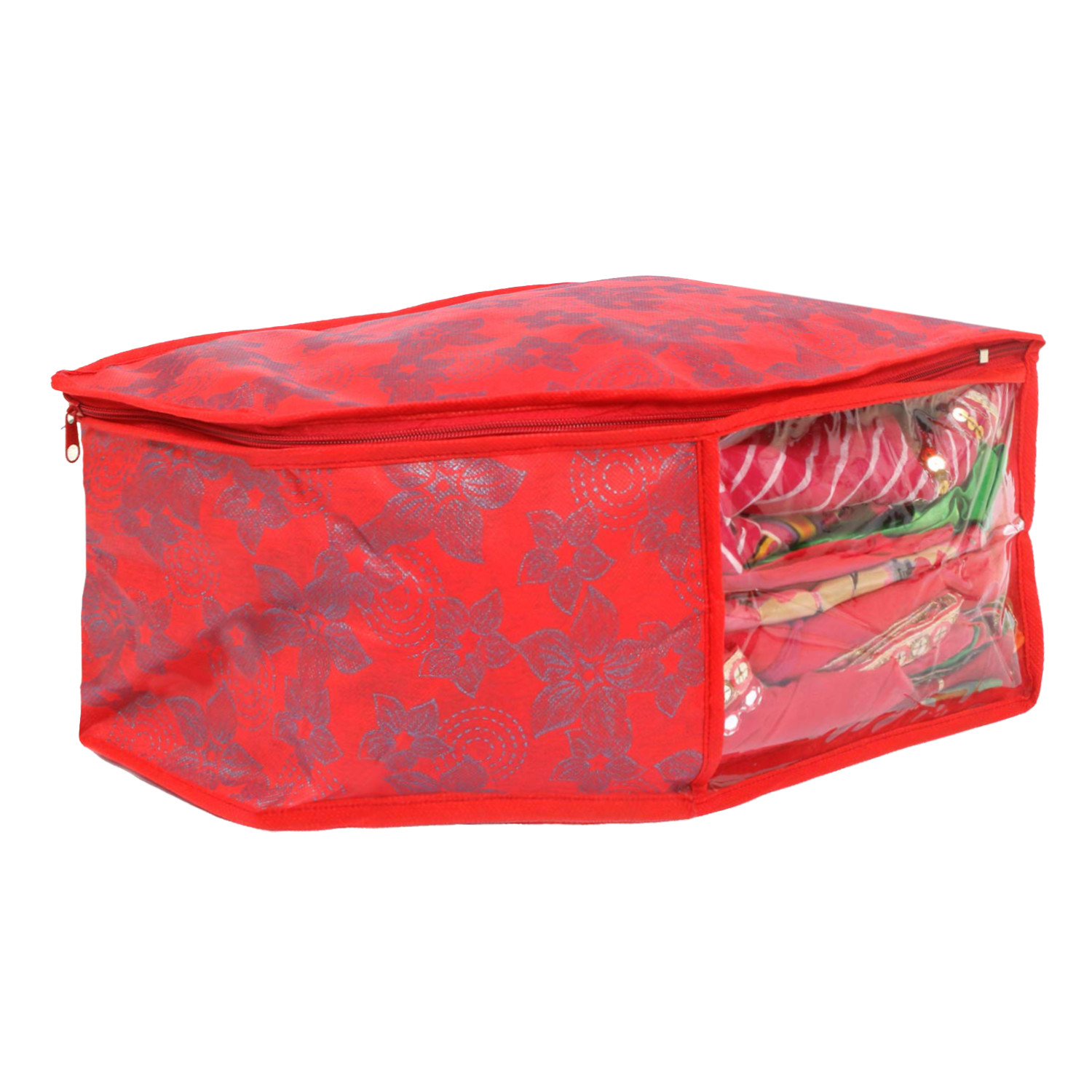 Kuber Industries Metallic Printed Non Woven Saree Cover/Cloth Wardrobe Organizer And Blouse Cover Combo Set (Red) -CTKTC38409