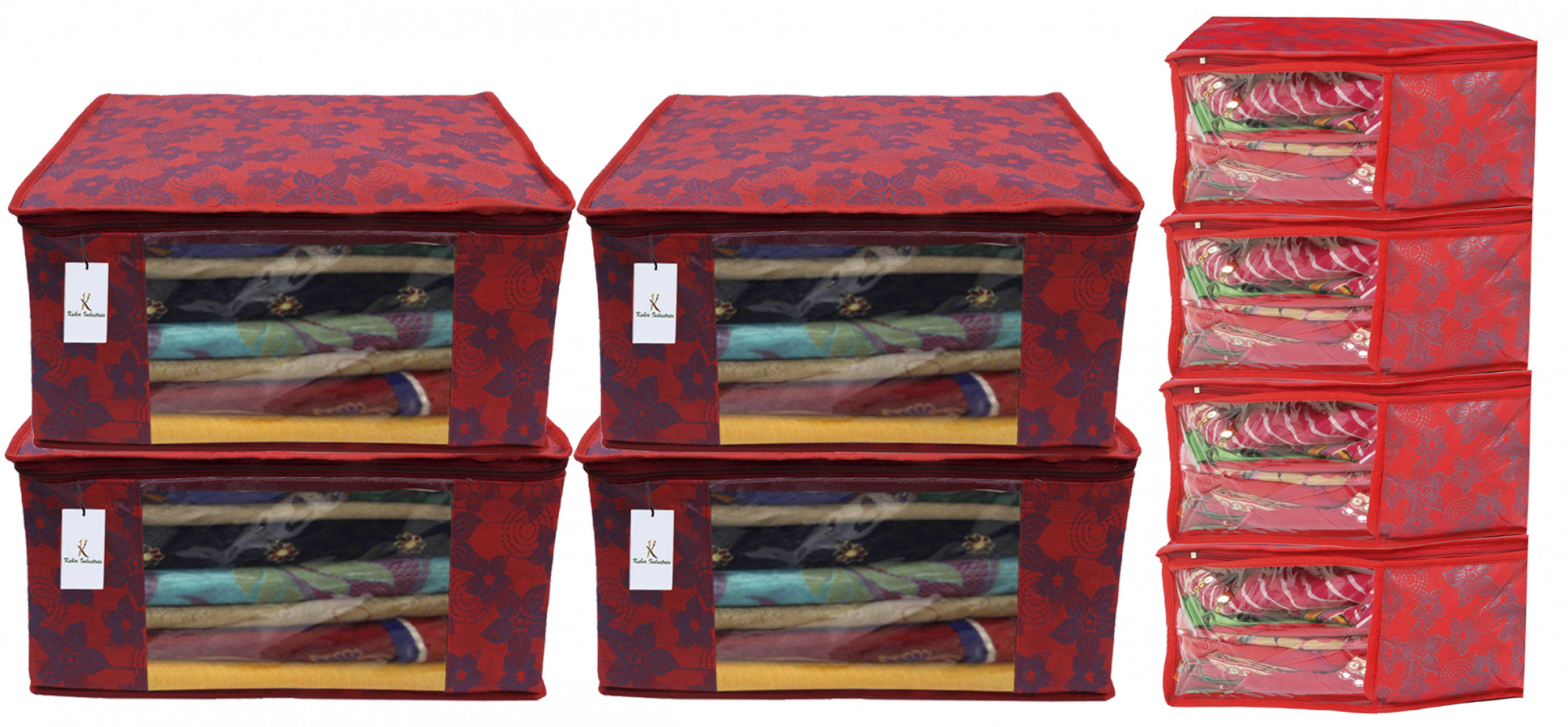 Kuber Industries Metallic Printed Non Woven Saree Cover/Cloth Wardrobe Organizer And Blouse Cover Combo Set (Red) -CTKTC38409