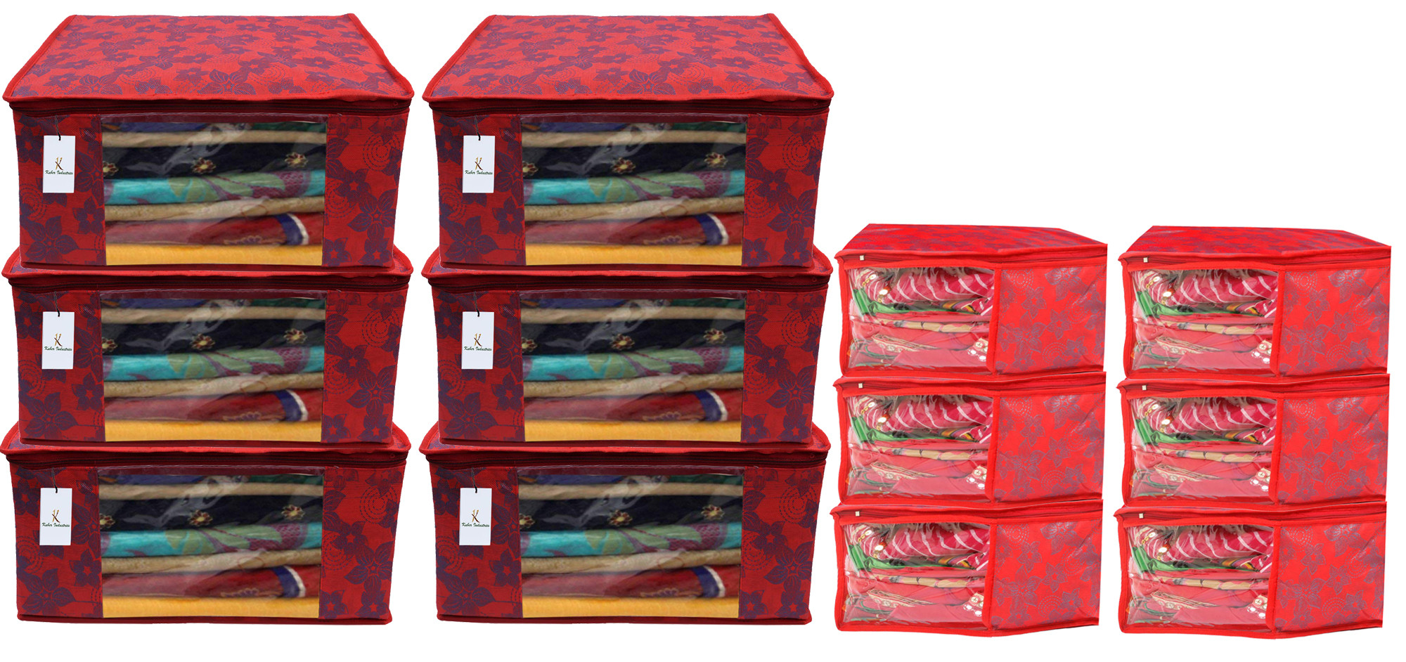 Kuber Industries Metallic Printed Non Woven Saree Cover/Cloth Wardrobe Organizer And Blouse Cover Combo Set (Red) -CTKTC38409