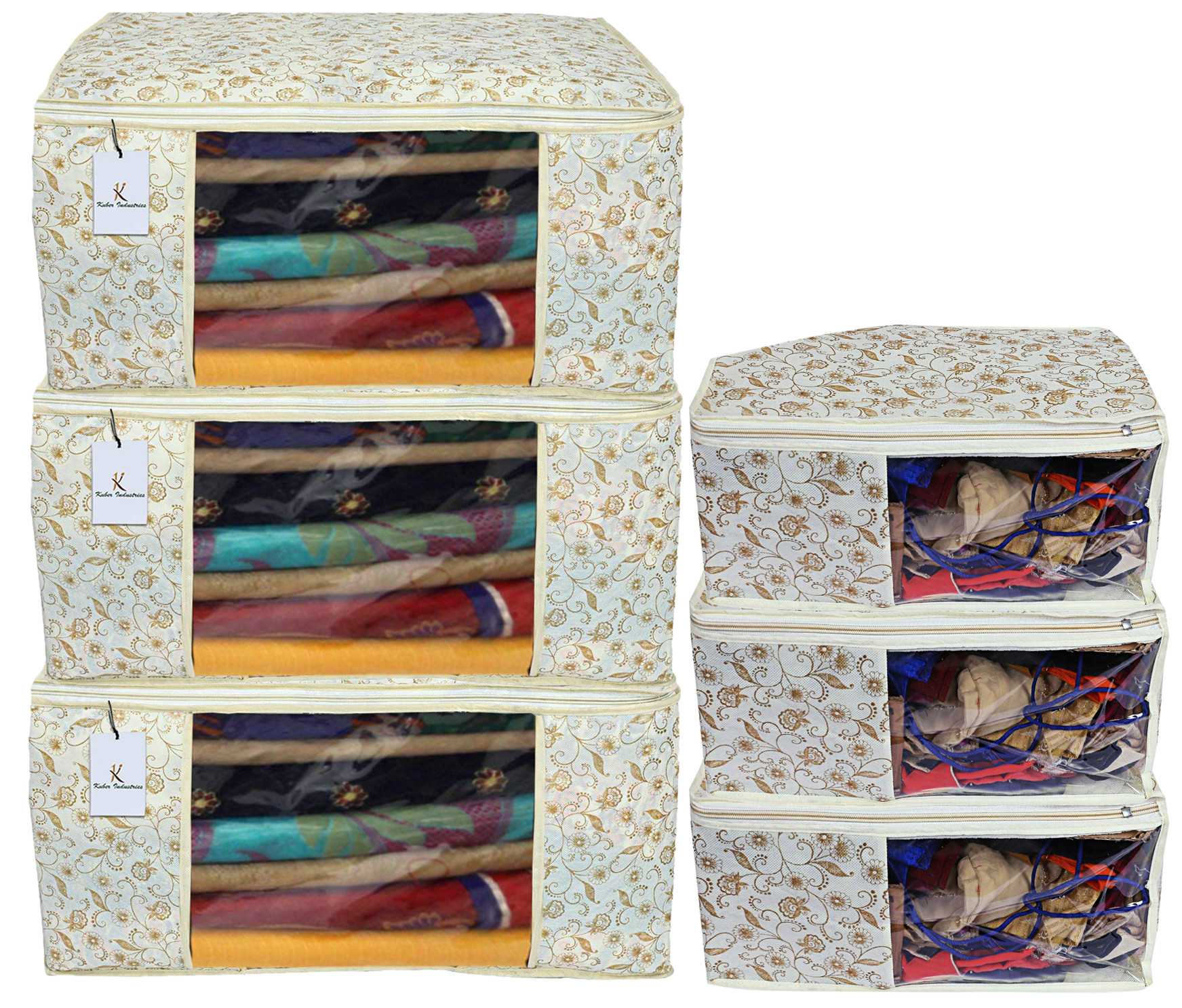 Kuber Industries Metallic Printed Non Woven Saree Cover/Cloth Wardrobe Organizer And Blouse Cover Combo Set (Brown) -CTKTC38415