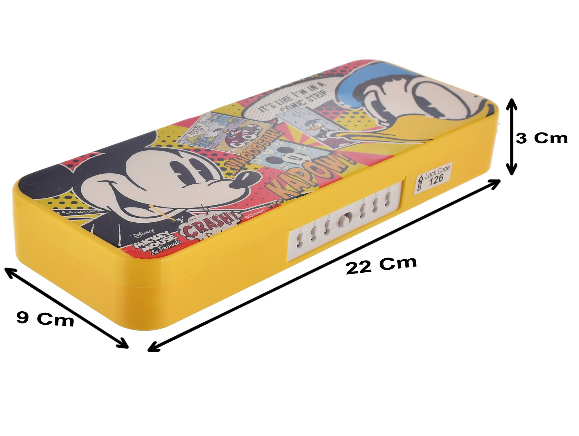 Kuber Industries Mickey Mouse & Friends Printed Plastic Pencil Box With Number Lock Passward & Accessories (Yellow)