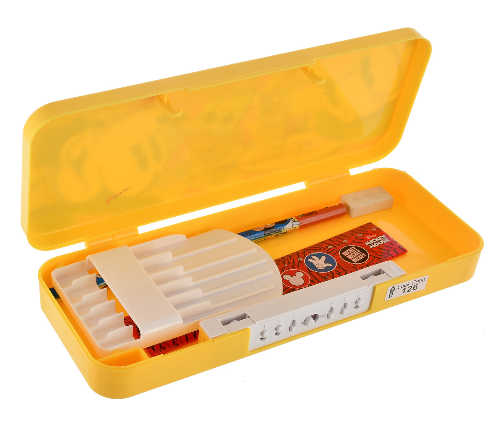 Kuber Industries Mickey Mouse & Friends Printed Plastic Pencil Box With Number Lock Passward & Accessories (Yellow)
