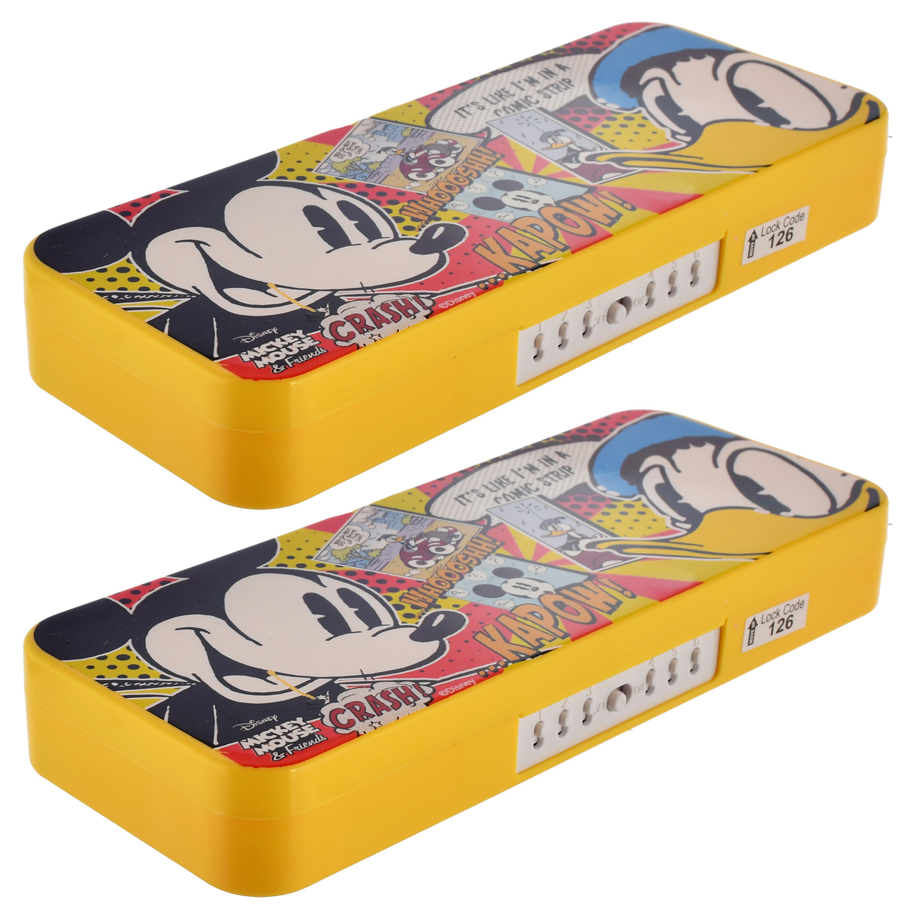 Kuber Industries Mickey Mouse & Friends Printed Plastic Pencil Box With Number Lock Passward & Accessories (Yellow)