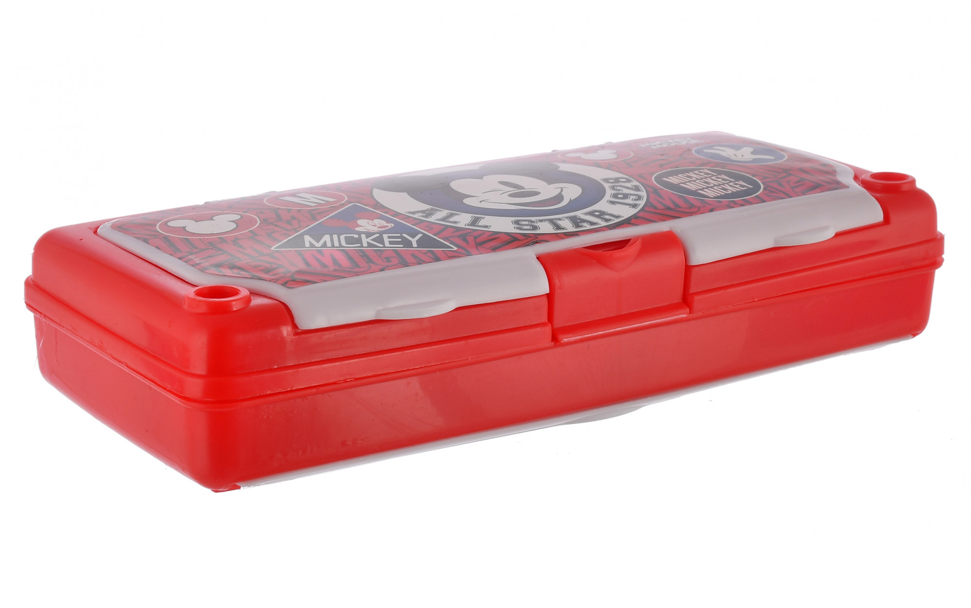 Kuber Industries Mickey Mouse Printed Double Layer White Board Pencil Box For School Kids with Timetable & Accessories (Red)
