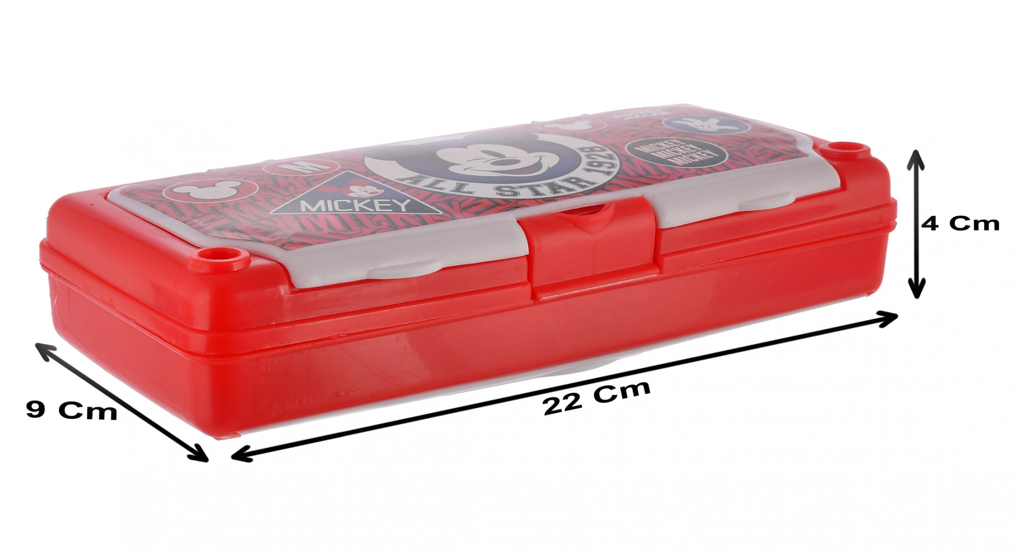 Kuber Industries Mickey Mouse Printed Double Layer White Board Pencil Box For School Kids with Timetable & Accessories (Red)