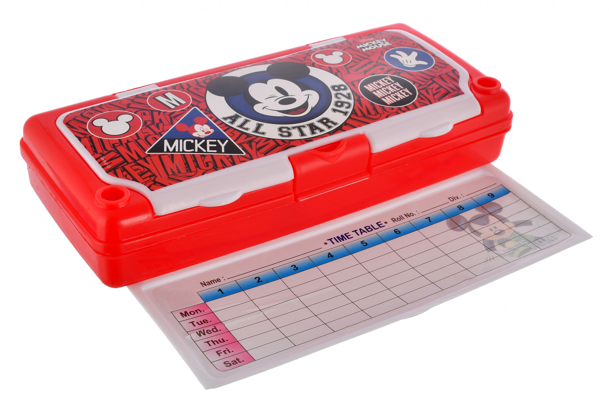 Kuber Industries Mickey Mouse Printed Double Layer White Board Pencil Box For School Kids with Timetable & Accessories (Red)