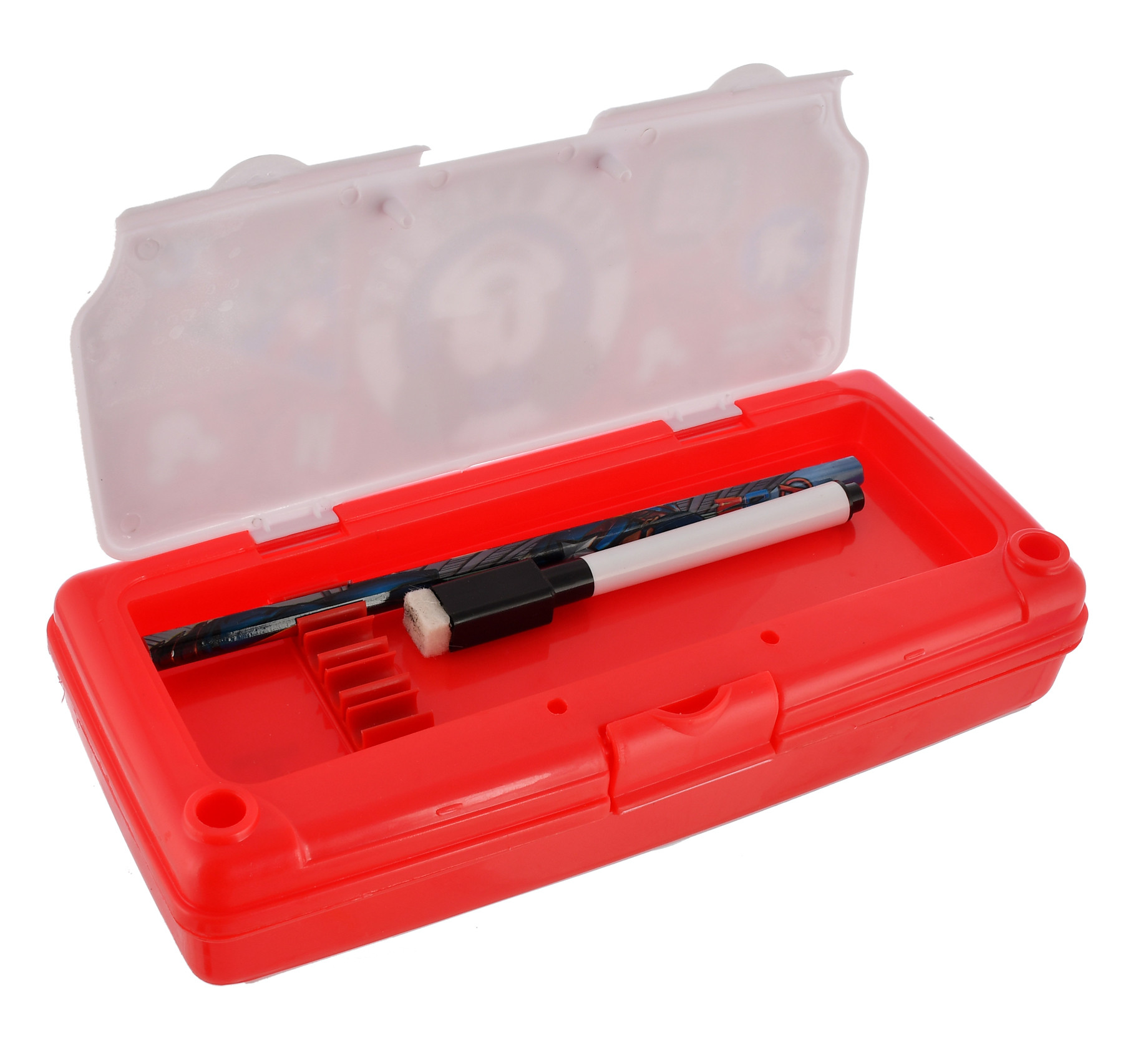 Kuber Industries Mickey Mouse Printed Double Layer White Board Pencil Box For School Kids with Timetable & Accessories (Red)
