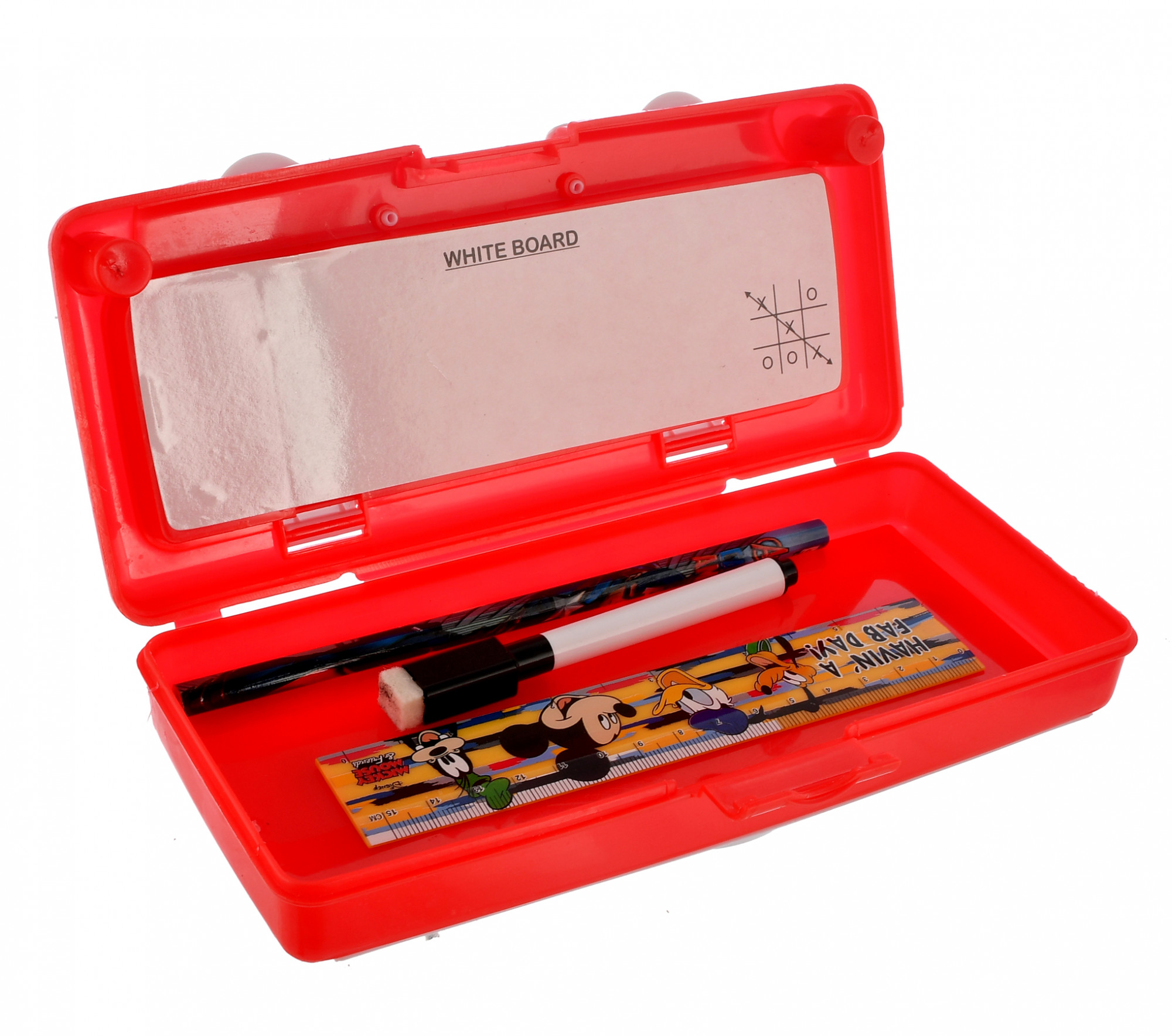 Kuber Industries Mickey Mouse Printed Double Layer White Board Pencil Box For School Kids with Timetable & Accessories (Red)