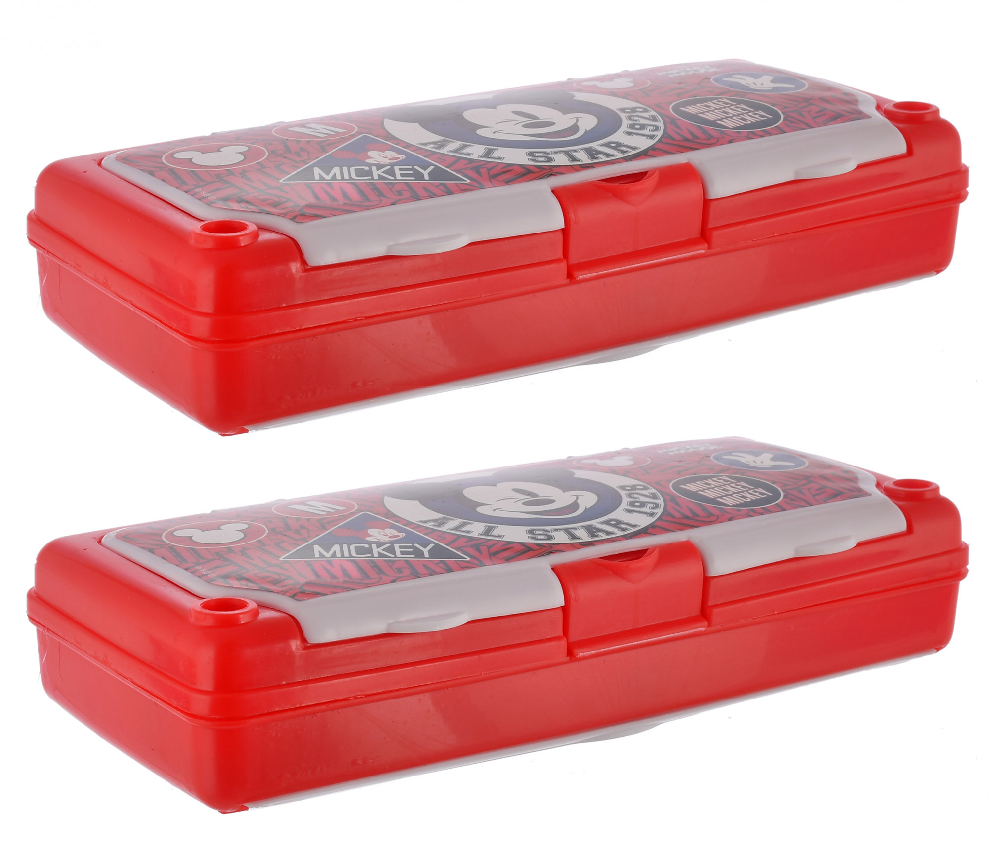 Kuber Industries Mickey Mouse Printed Double Layer White Board Pencil Box For School Kids with Timetable & Accessories (Red)