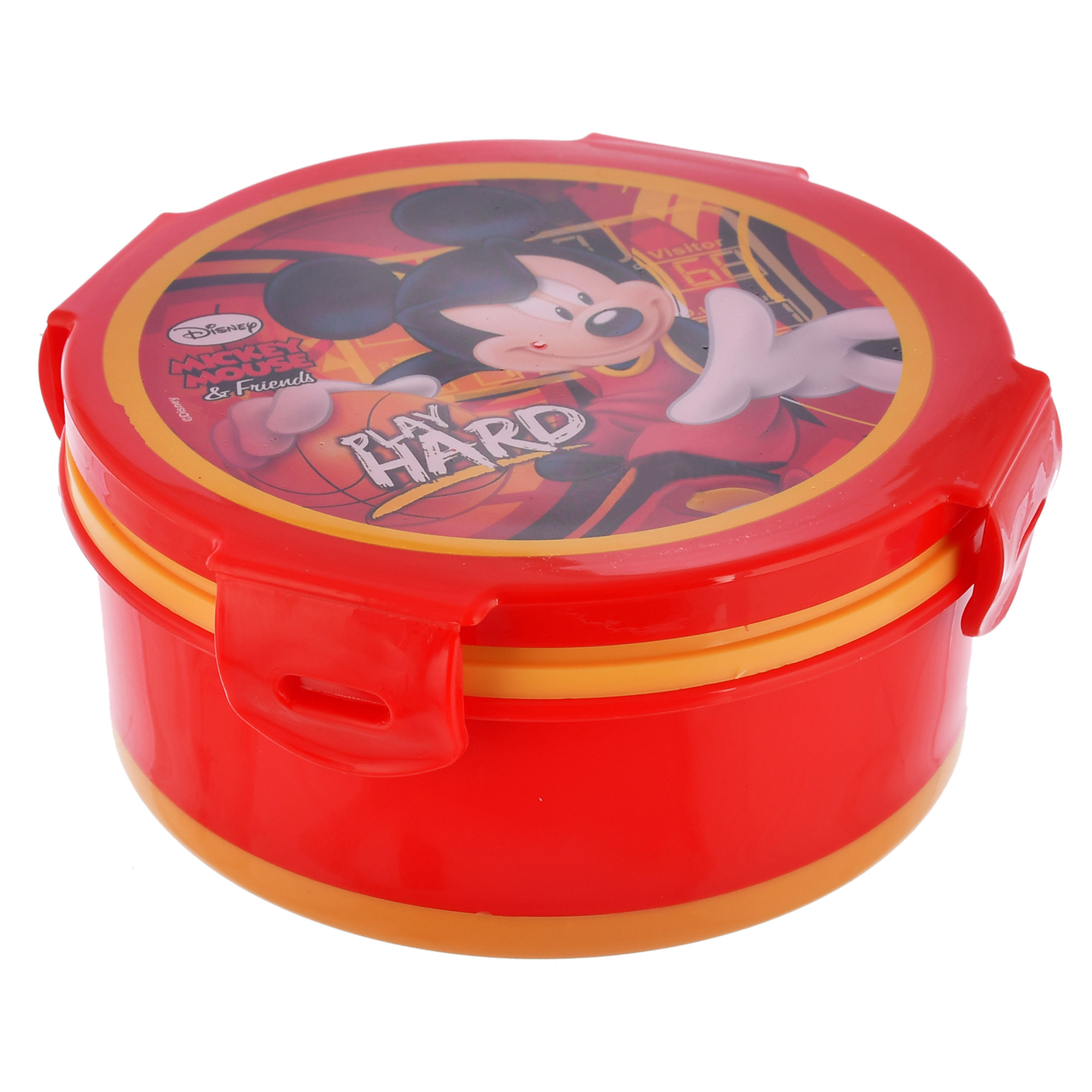 Kuber Industries Mickey Mouse Printed Round Inner Steel Air Tight, BPA Free, Food Grade Insulated Big Lunch Box with 1 Spoon (Red)