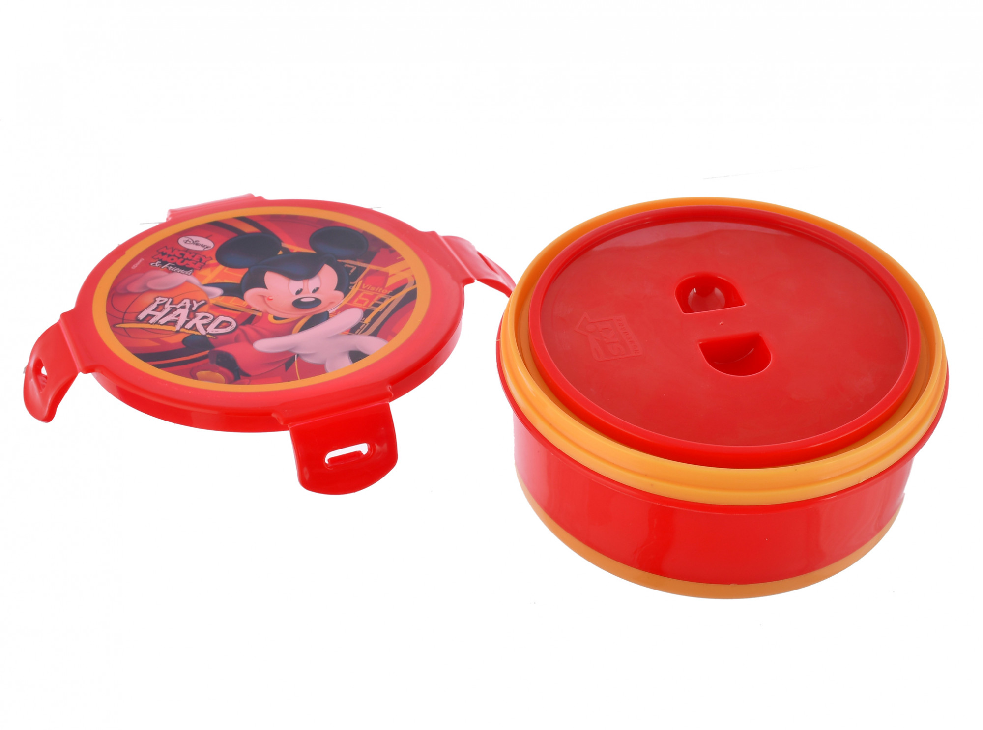 Kuber Industries Mickey Mouse Printed Round Inner Steel Air Tight, BPA Free, Food Grade Insulated Big Lunch Box with 1 Spoon (Red)