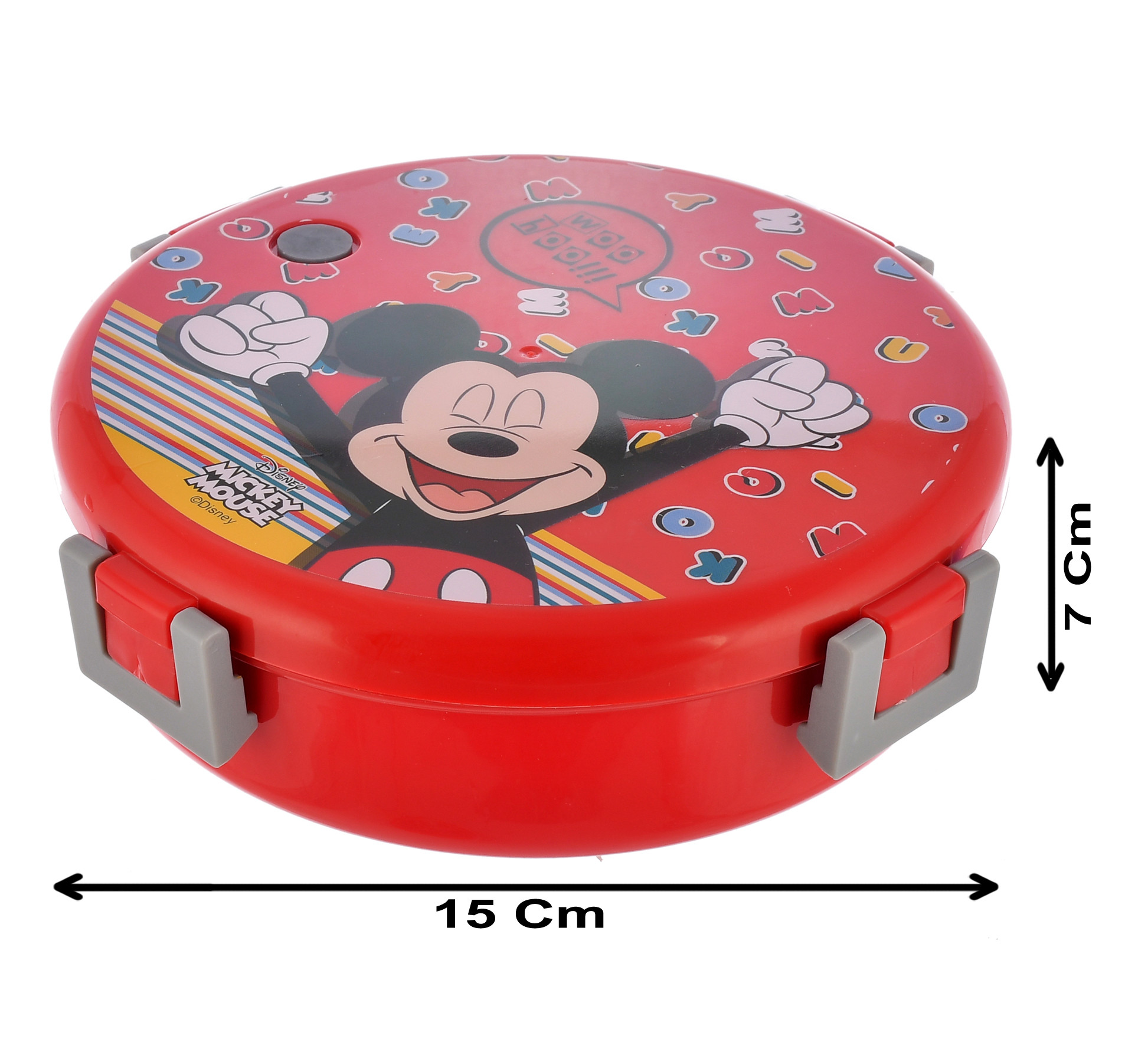 Kuber Industries Mickey Mouse Printed Round Inner Steel, BPA Free Insulated Lunch Box with Pickle Box & 1 Plastic Spoon (Red)