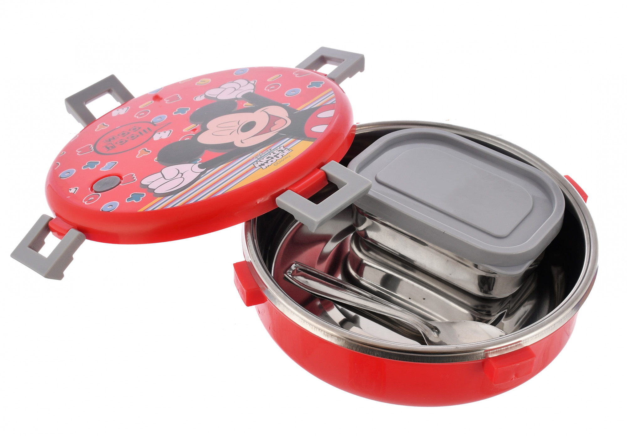 Kuber Industries Mickey Mouse Printed Round Inner Steel, BPA Free Insulated Lunch Box with Pickle Box & 1 Plastic Spoon (Red)