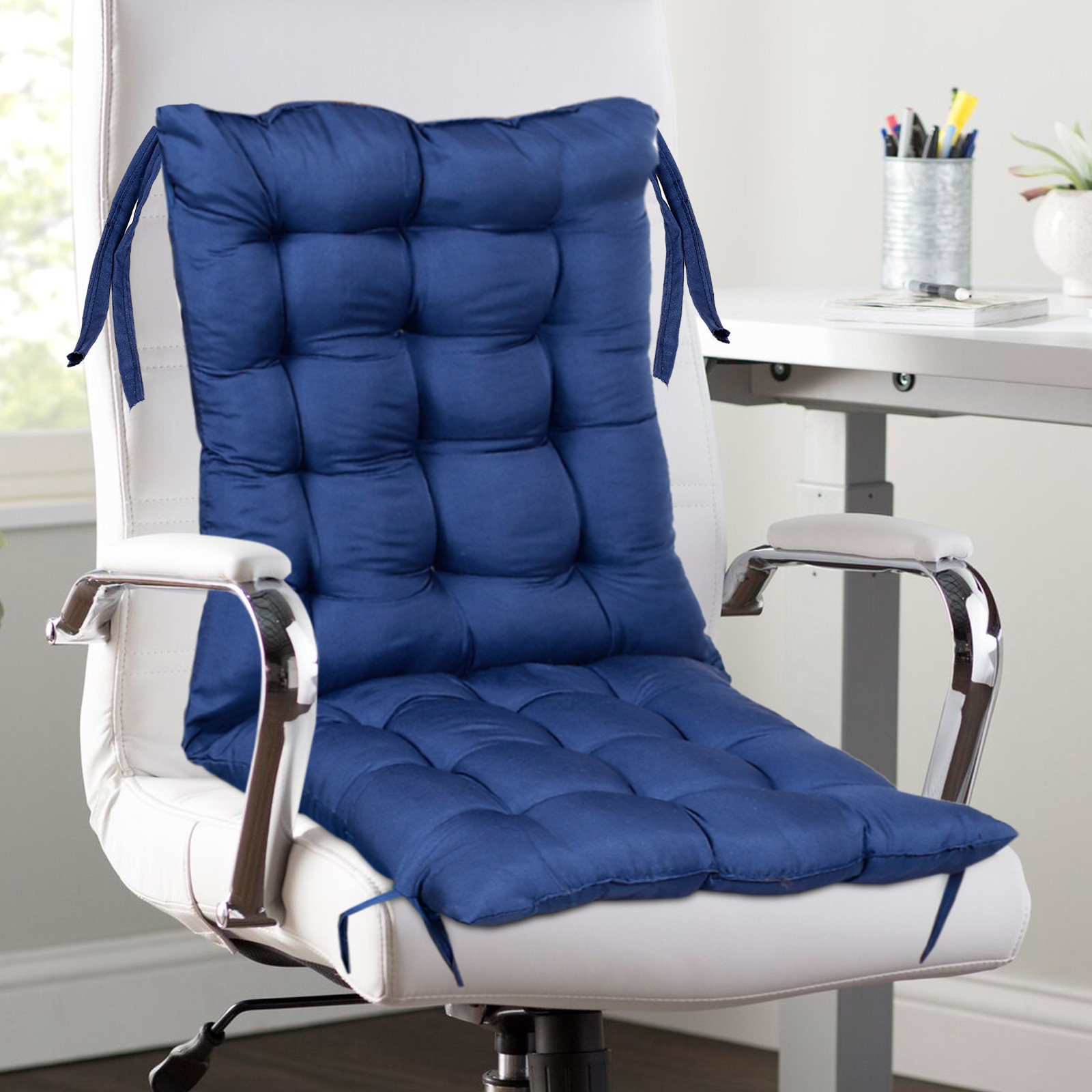 Kuber Industries Microfiber 18*36 Inch Back And Seat Chair Cushion With Ties & 18*18 Inch Square Cushion for Rocking Chair, Desk chair, Dining chairs, Lounge chair- Set of 2 (Navy Blue)