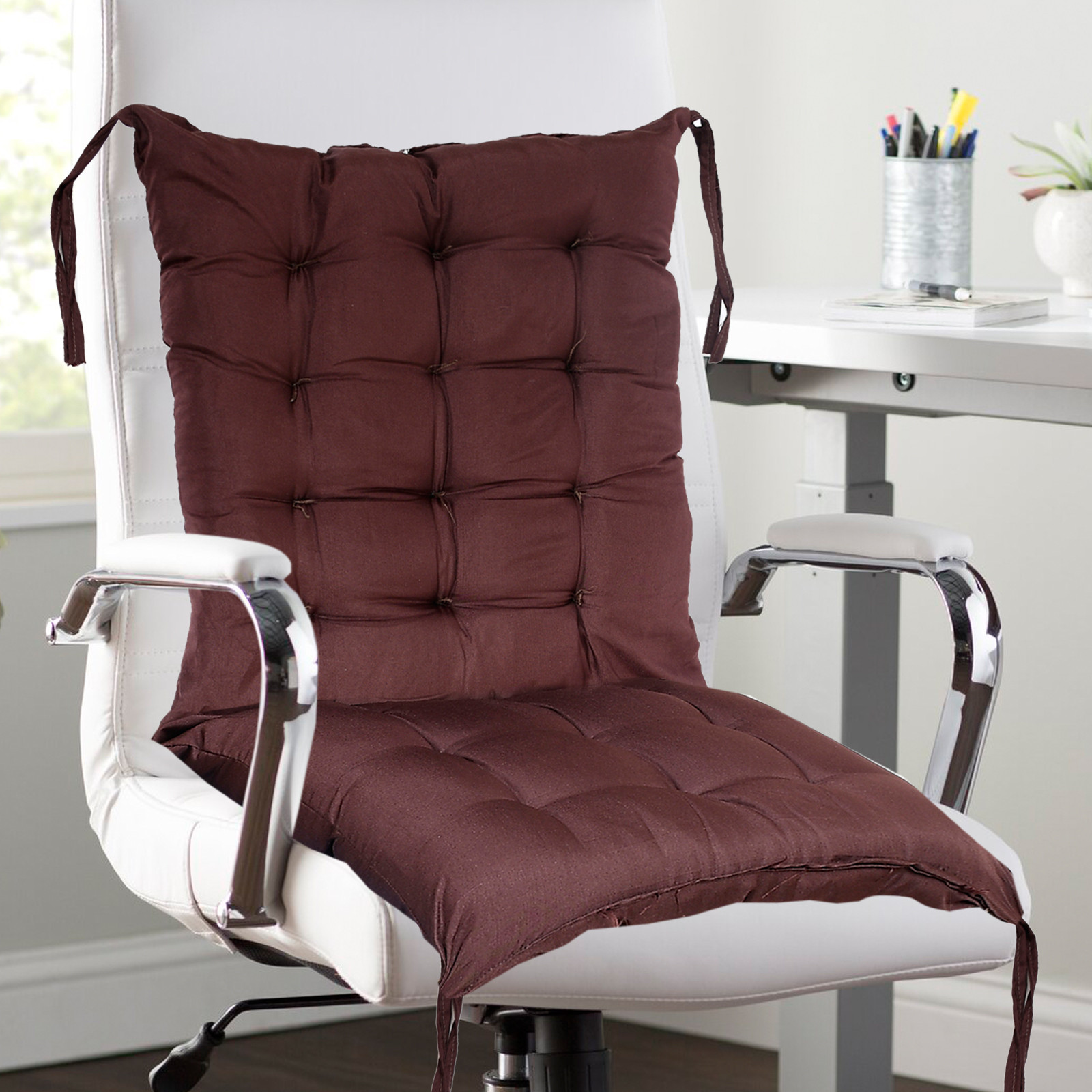 Kuber Industries Microfiber 18*48 Inch Back And Seat Chair Cushion & 18*18 Inch Square Cushion for Rocking Chair, Desk chair, Dining chairs, Lounge chair with Ties- Set of 2 (Brown)