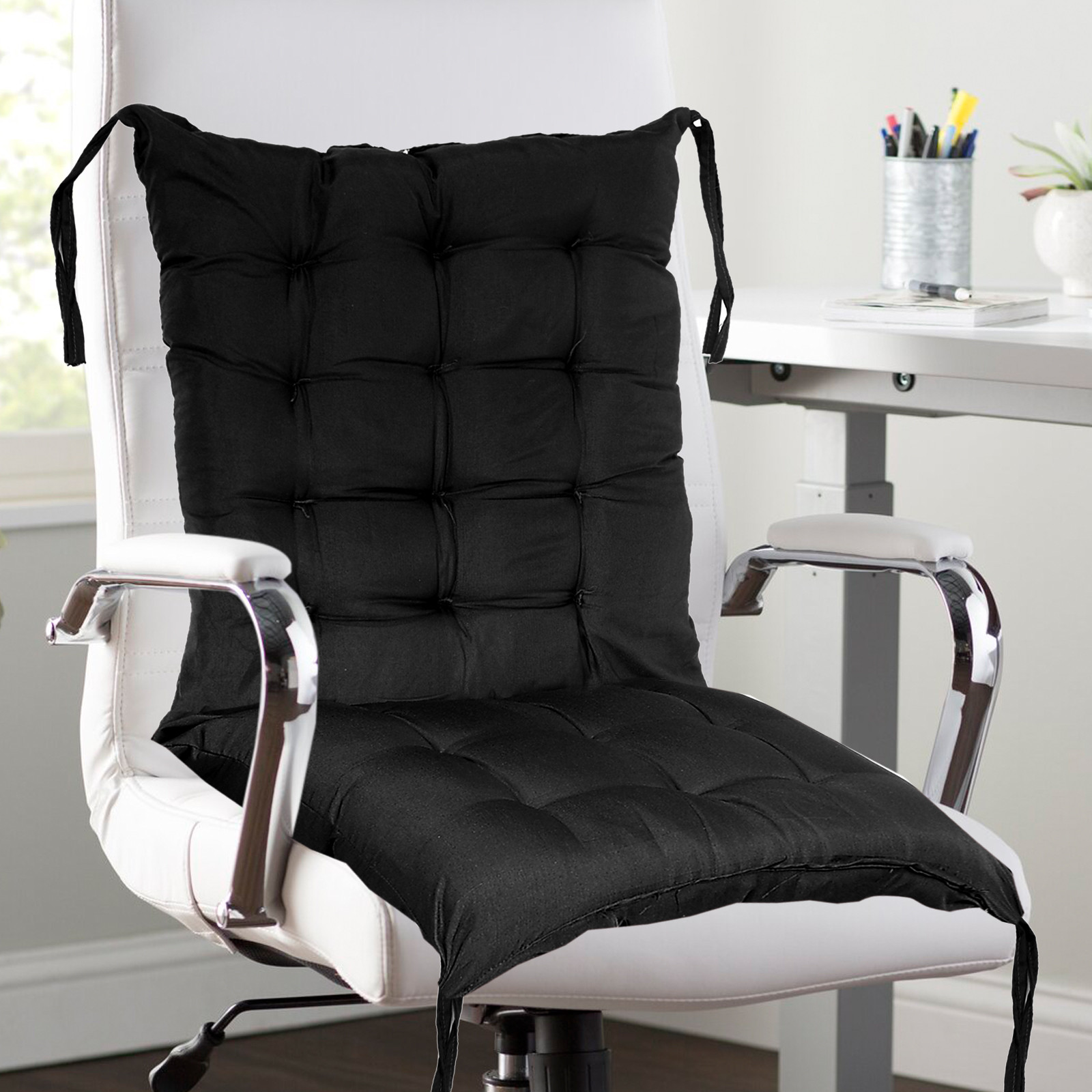 Kuber Industries Microfiber 18*48 Inch Back And Seat Chair Cushion With Ties & 18*18 Inch Square Cushion for Rocking Chair, Desk chair, Dining chairs, Lounge chair- Set of 2 (Black)