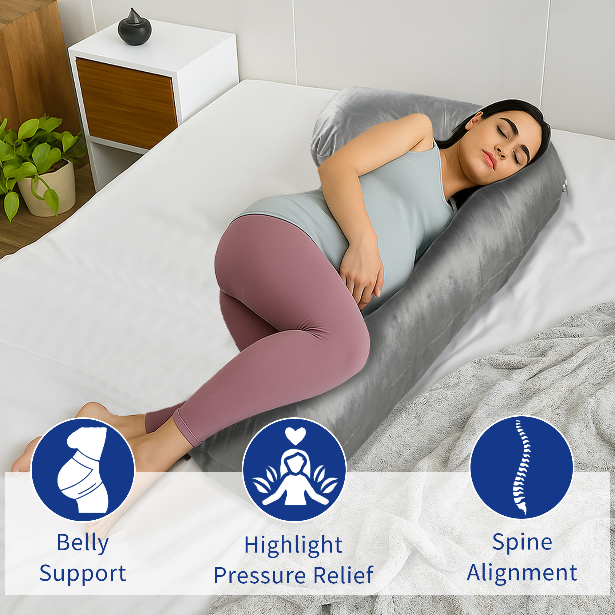 Kuber Industries Microfiber L Shape full body Pillow for Women - Support for Back Hips Legs and Belly  Maternity Pillows for Pregnancy Sleeping  Grey