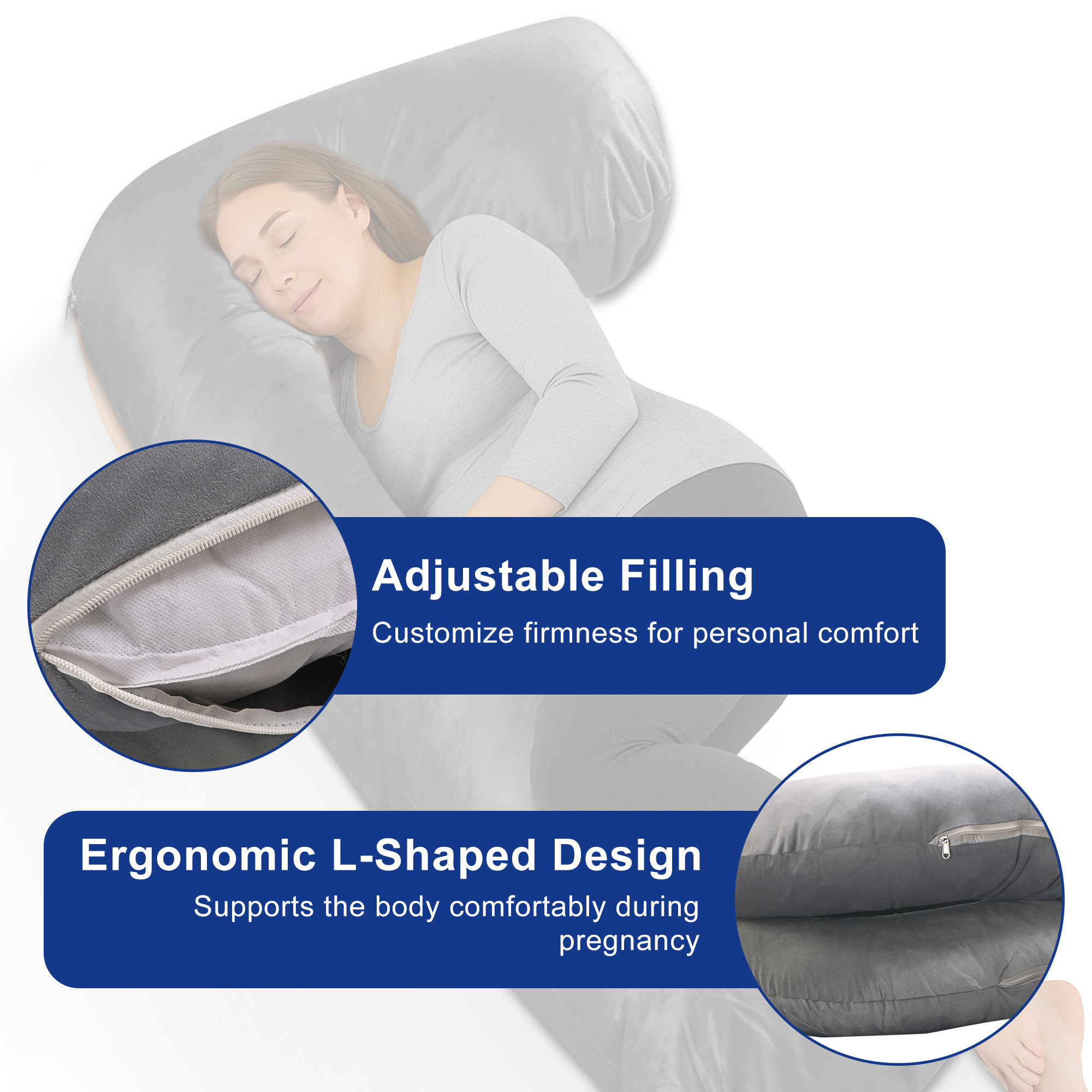 Kuber Industries Microfiber L Shape full body Pillow for Women - Support for Back Hips Legs and Belly  Maternity Pillows for Pregnancy Sleeping  Grey