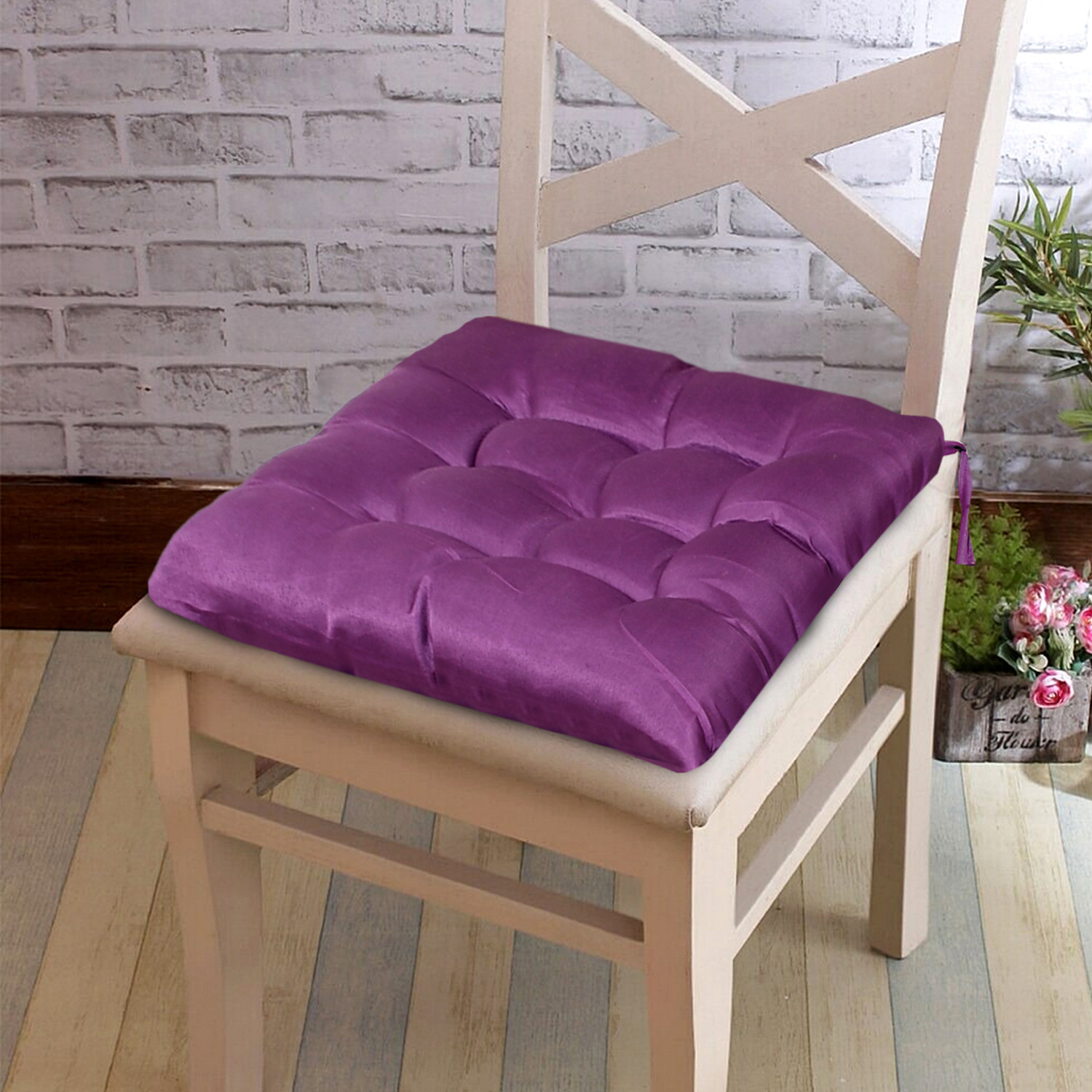 Kuber Industries Microfiber Square Chair Pad Seat Cushion For Car Pad, Office Chair, Indoor/Outdoor, Dining Living Room, Kitchen With Ties, 18*18 Inch (Purple)