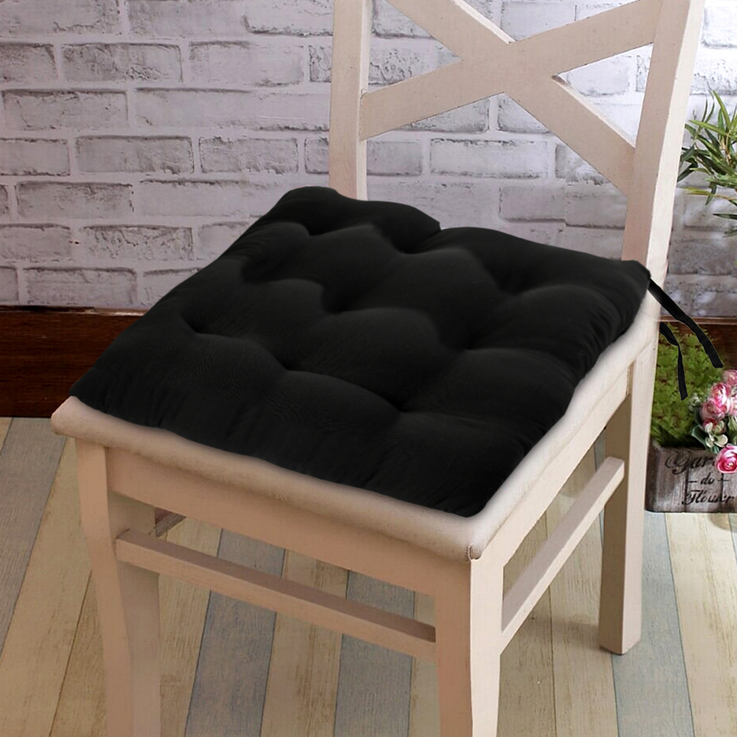 Kuber Industries Microfiber Square Chair Pad Seat Cushion For Car Pad, Office Chair, Indoor/Outdoor, Dining Living Room, Kitchen With Ties, 18*18 Inch (Black)