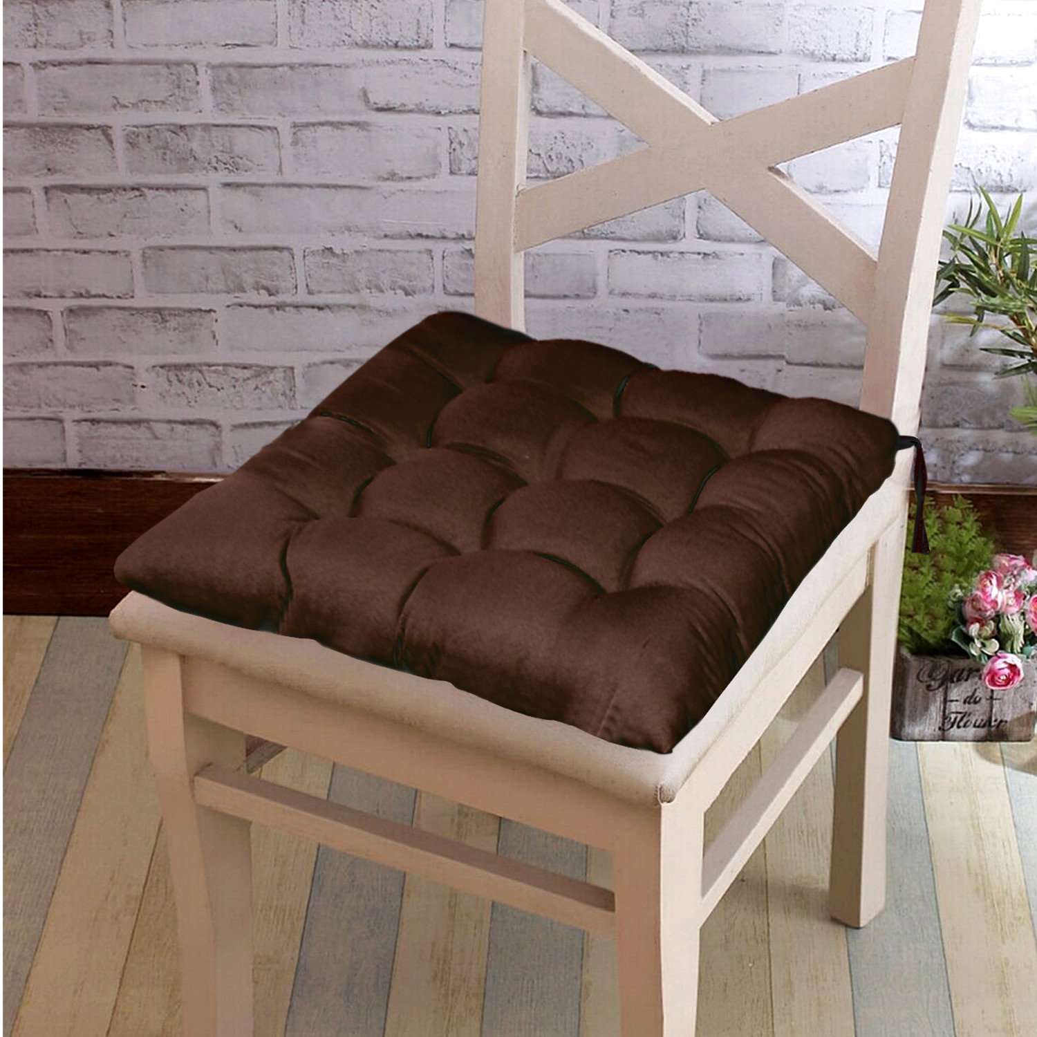 Kuber Industries Microfiber Square Chair Pad Seat Cushion For Car Pad, Office Chair, Indoor/Outdoor, Dining Living Room, Kitchen With Ties, 18*18 Inch (Brown)