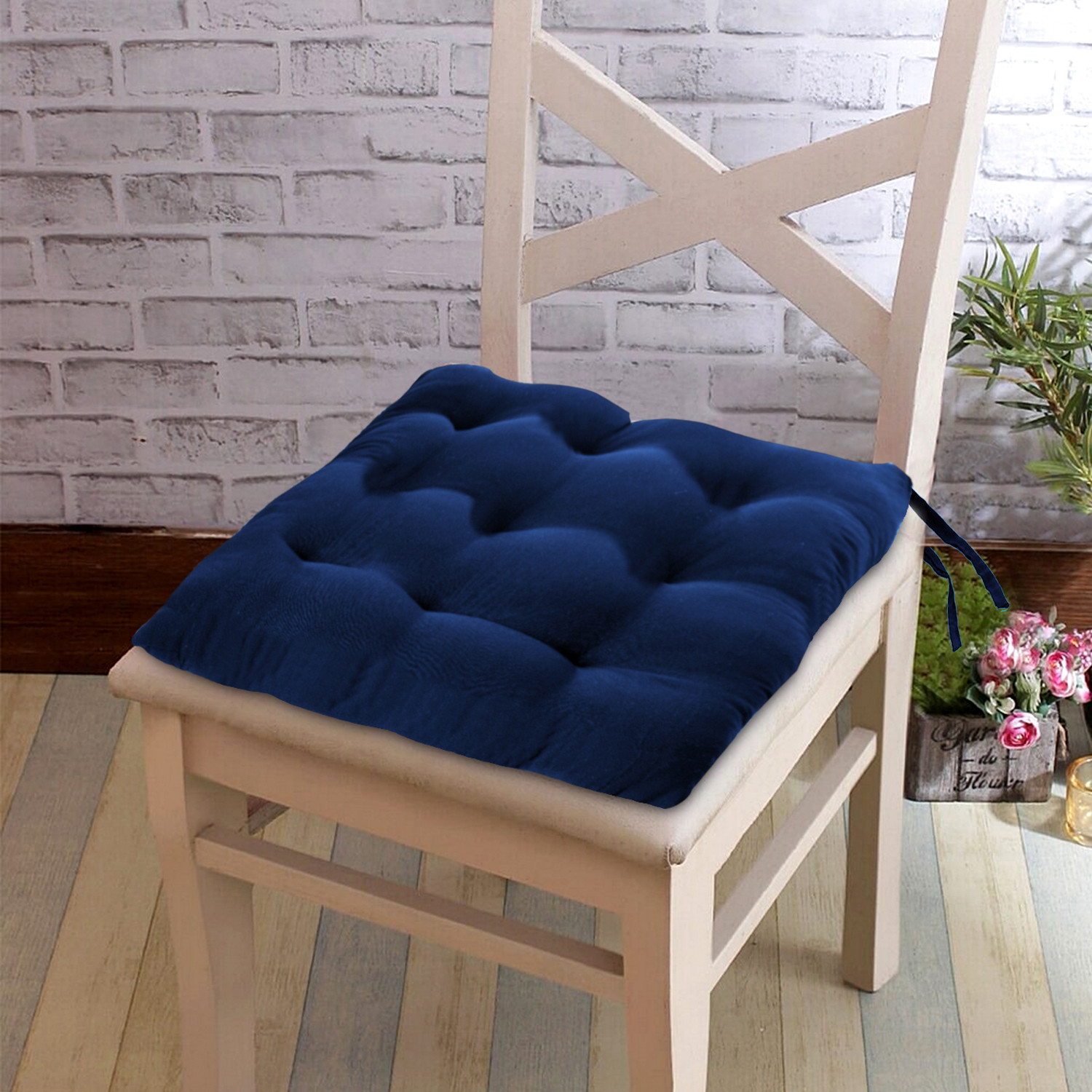 Kuber Industries Microfiber Square Chair Pad Seat Cushion For Car Pad, Office Chair, Indoor/Outdoor, Dining Living Room, Kitchen With Ties, 18*18 Inch (Navy Blue)