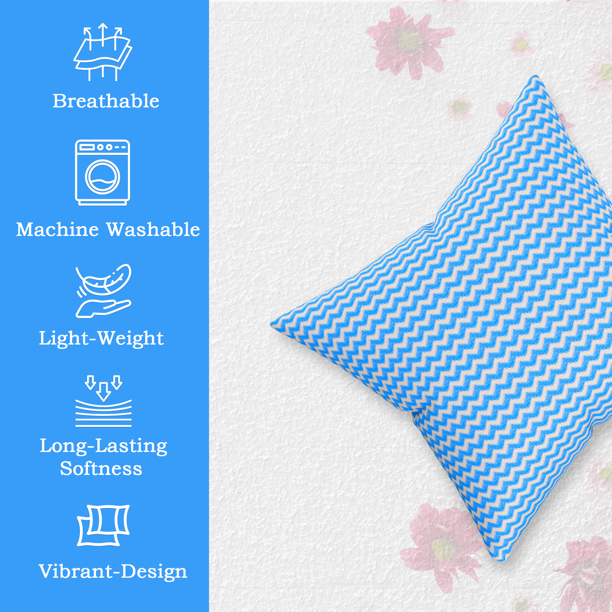 Kuber Industries Microfiber Square Cushion Cover Set of 5 with Zip Closure for Home Decor and Living Room  Decorative Throw Pillow Cushion Cover 16 inch x 16 inch for Sofa Set  Zig Zag - Blue