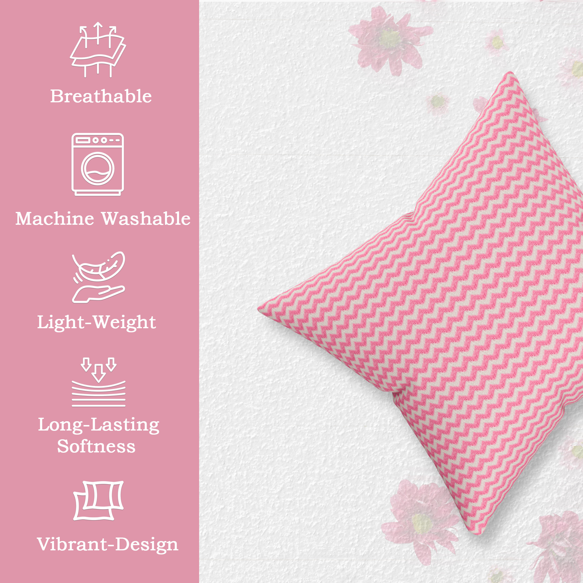 Kuber Industries Microfiber Square Cushion Cover Set of 5 with Zip Closure for Home Decor and Living Room  Decorative Throw Pillow Cushion Cover 16 inch x 16 inch for Sofa Set  Zig Zag - Pink