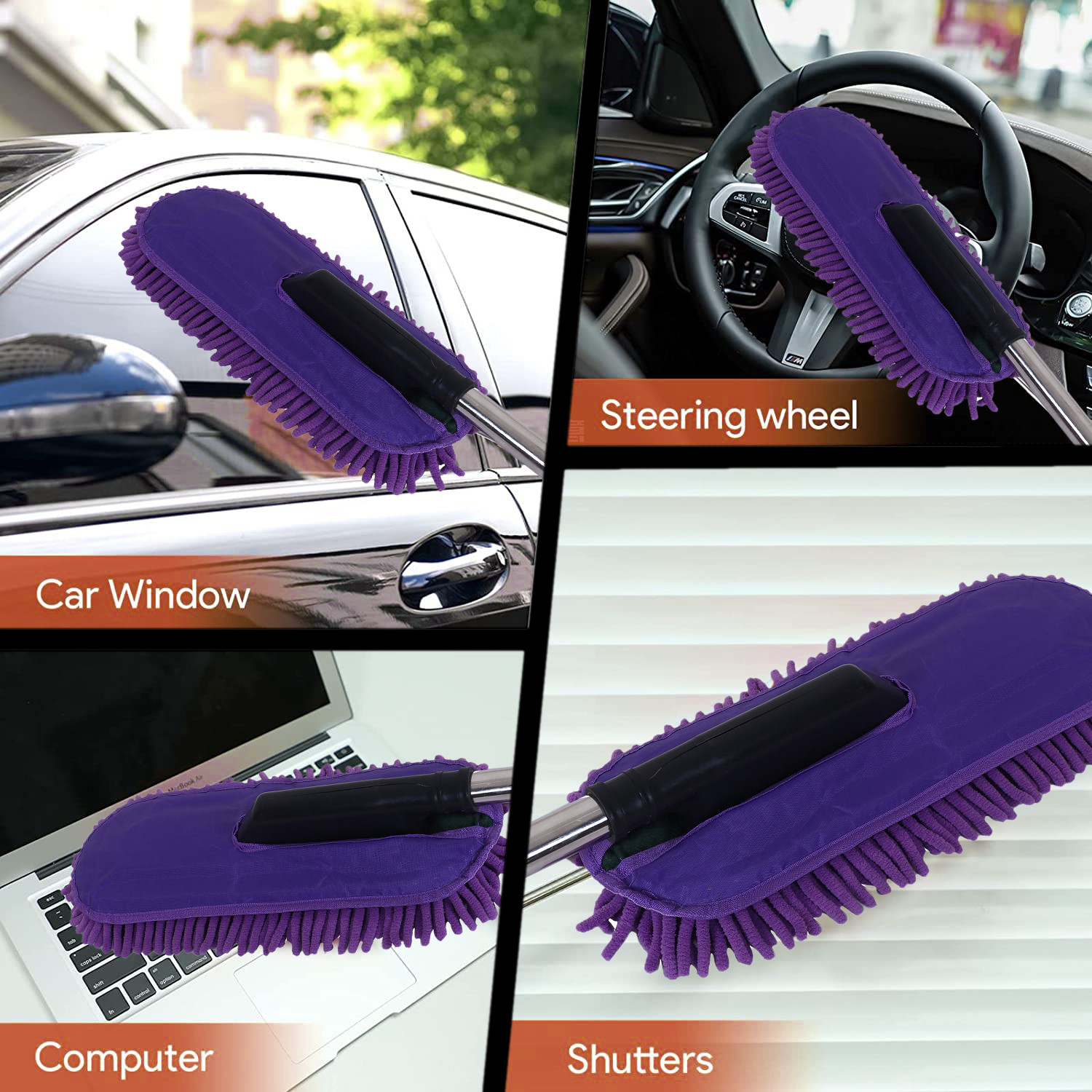 Kuber Industries Microfiber Washable Hand Duster|Stainless Steel Detachable Handle with Cleaning Brush For Car, House Clean (Purple)