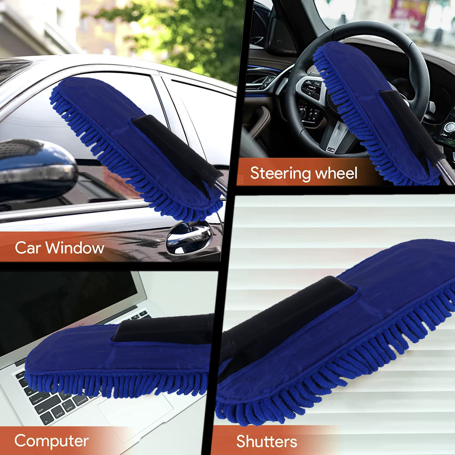 Kuber Industries Microfiber Washable Hand Duster|Stainless Steel Detachable Handle with Cleaning Brush For Car, House Clean (Blue)
