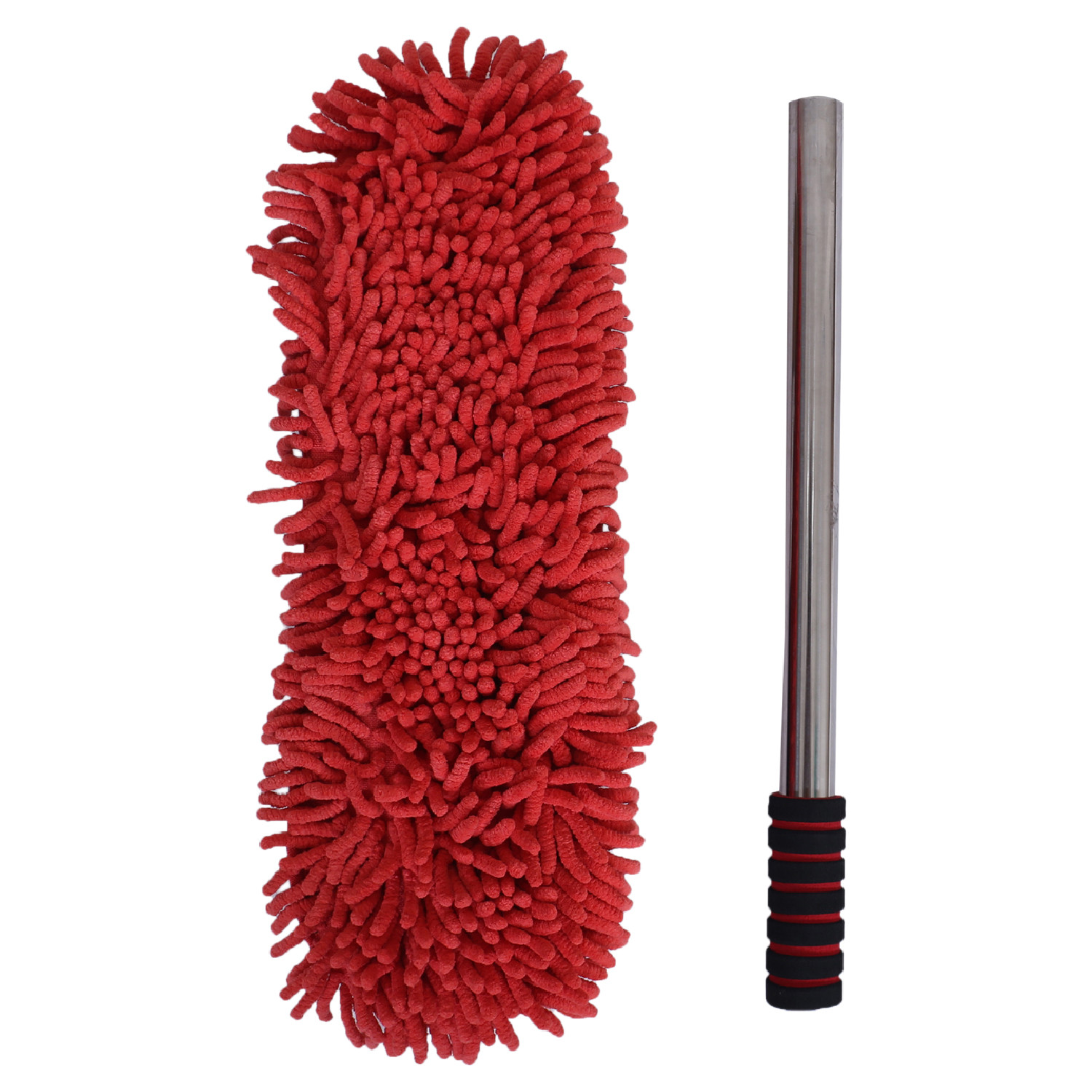 Kuber Industries Microfiber Washable Hand Duster|Stainless Steel Detachable Handle with Cleaning Brush For Car, House Clean (Red)