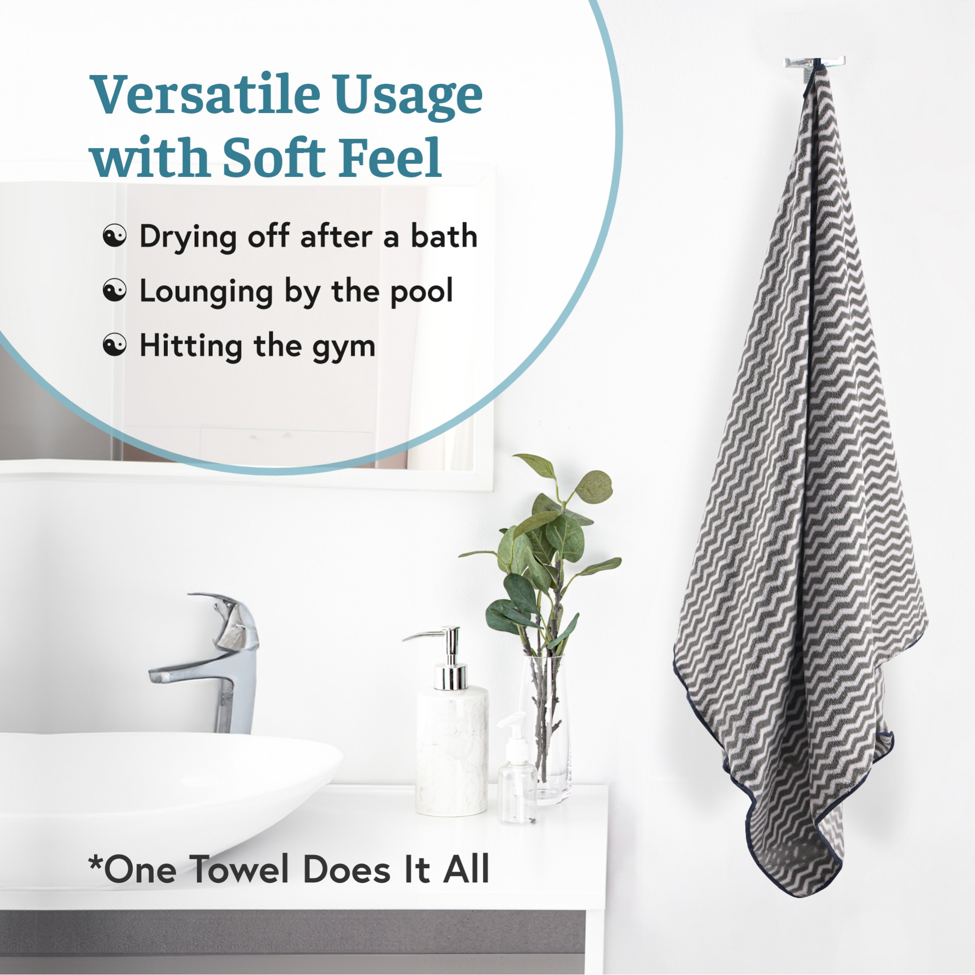 Kuber Industries Microfibre 24x48 Inch Men and Women Bath Towel  280 GSM Quick Dry Absorbent Gym Sweat Workout  Shower Body Towel for Sports Beach and Travel  Zig Zag - Grey