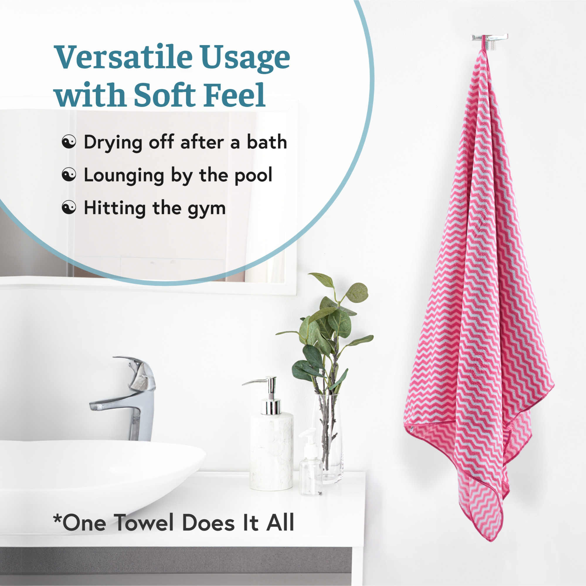 Kuber Industries Microfibre 24x48 Inch Men and Women Bath Towel  280 GSM Quick Dry Absorbent Gym Sweat Workout  Shower Body Towel for Sports Beach and Travel  Zig Zag - Pink