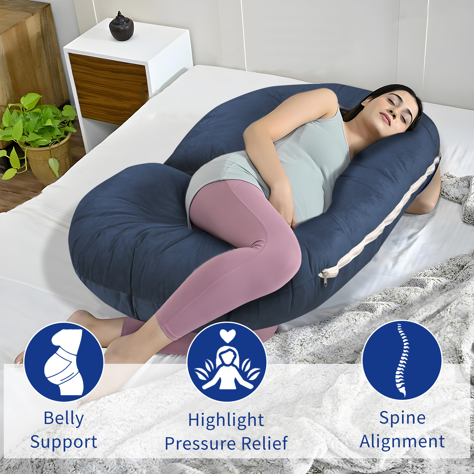 Kuber Industries Microfibre C Shaped Pregnancy Pillow for Women - Support for Back Hips Legs and Belly  Maternity Pillows for Pregnancy Sleeping  Navy Blue